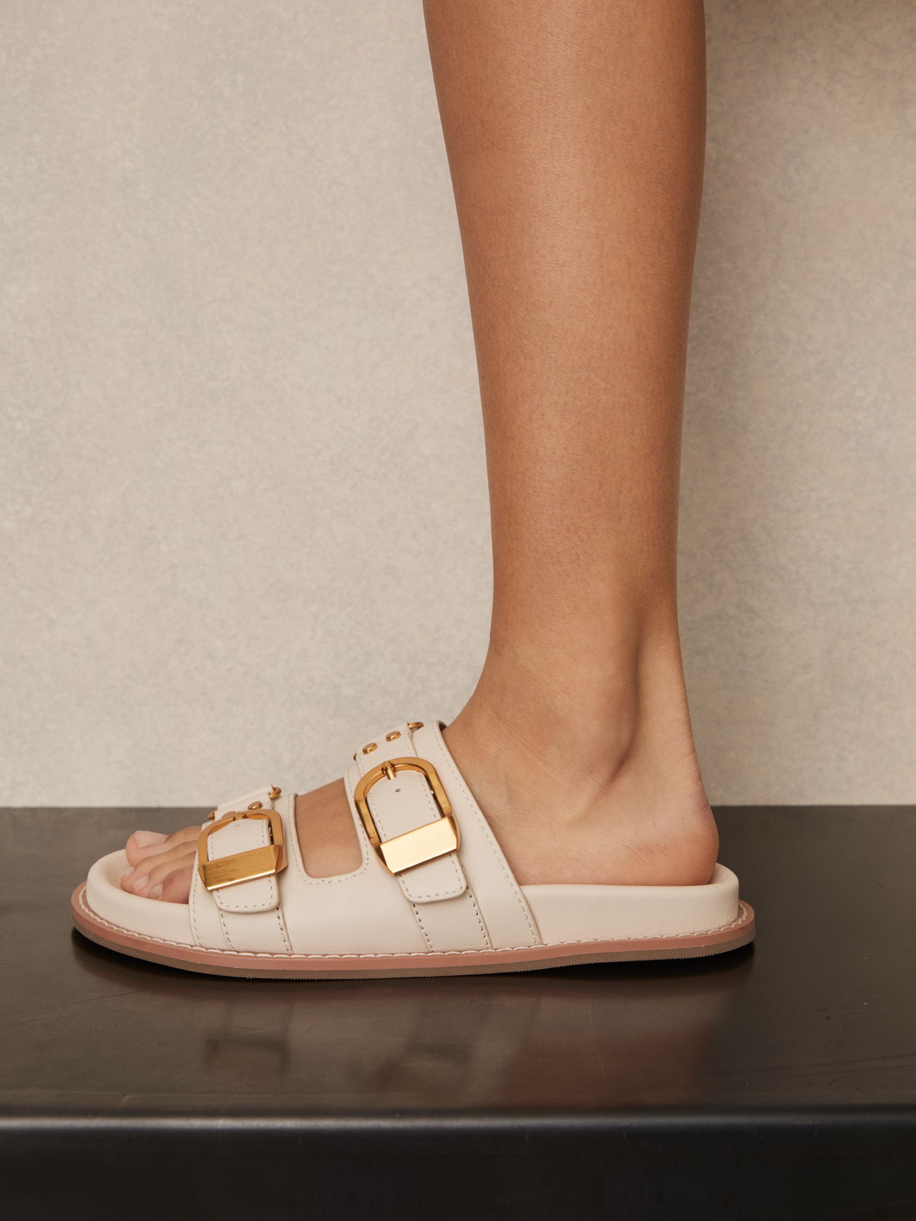 Leather Buckled Slip-On Sandals in Off White