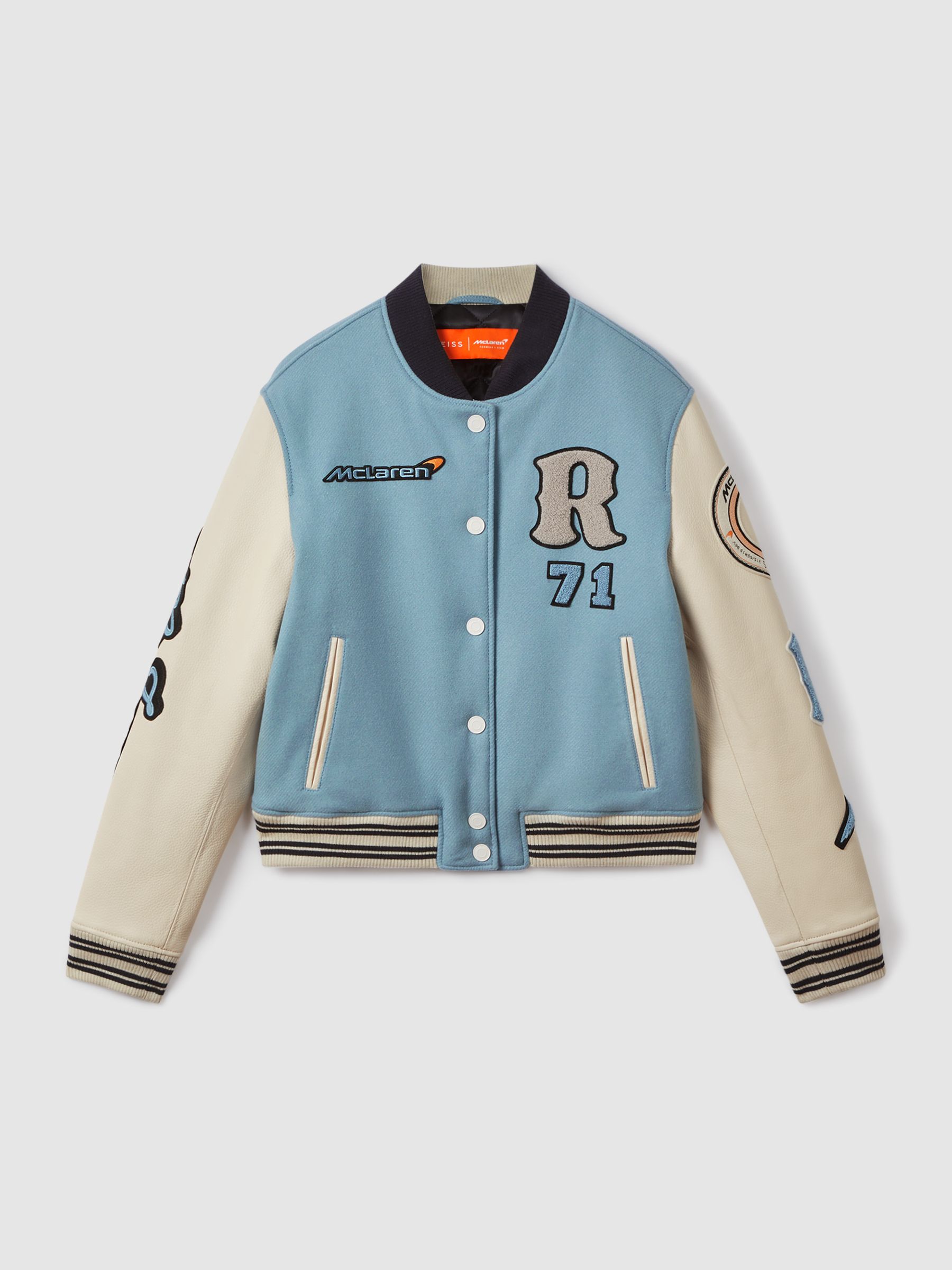 McLaren F1 Leather Varsity Jacket in Soft Blue/Ecru