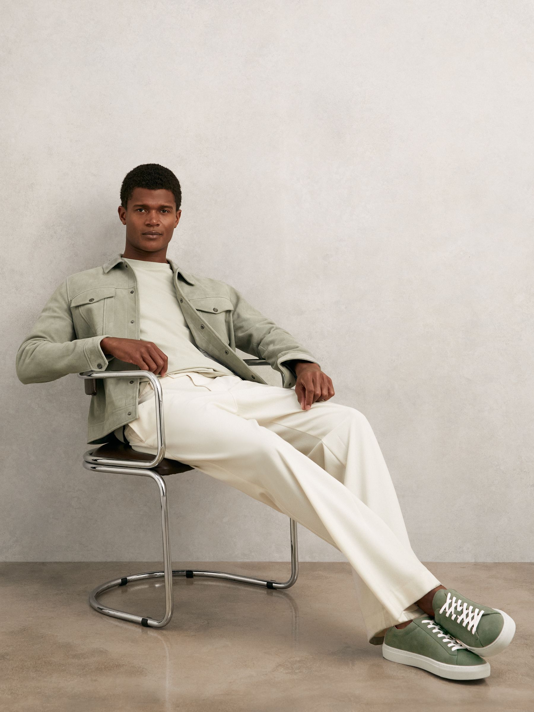 Nubuck Leather Low-Top Trainers in Thyme Green