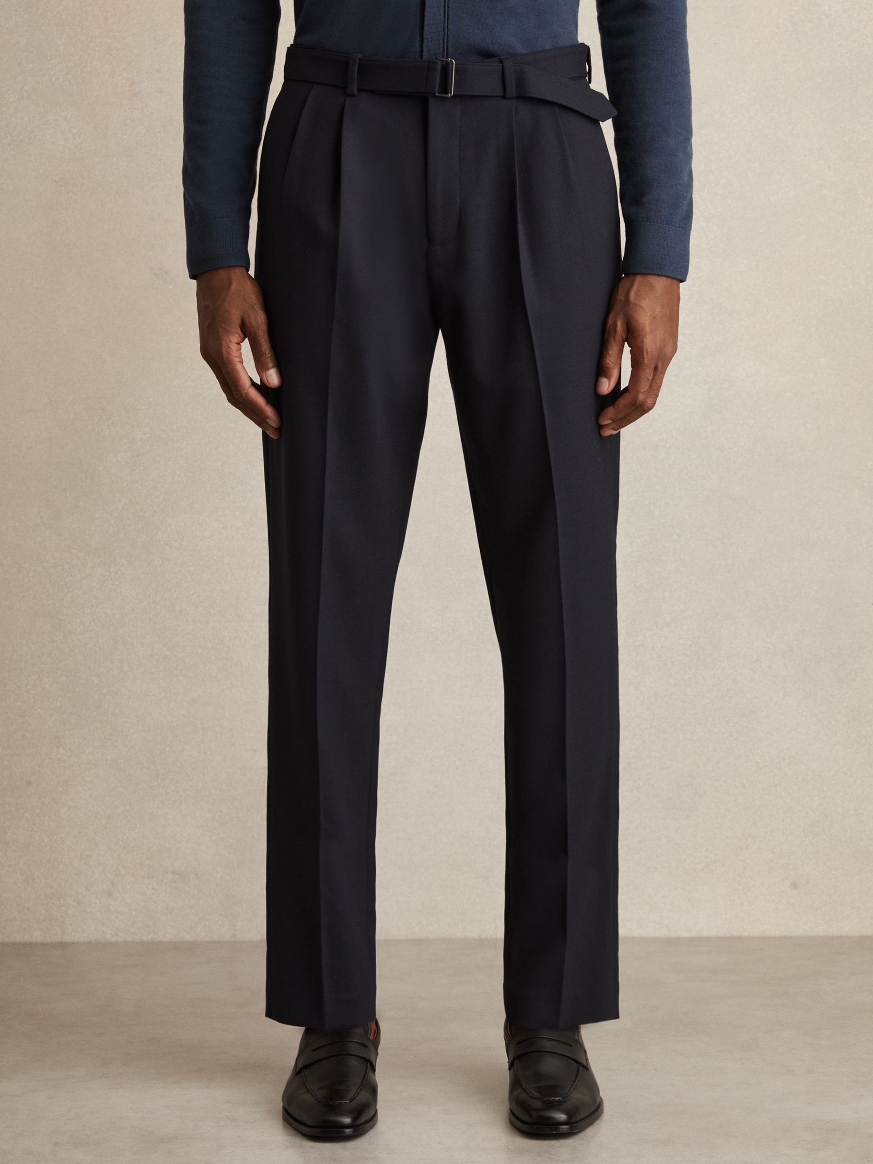 Wool-Blend Belted Trousers in Navy