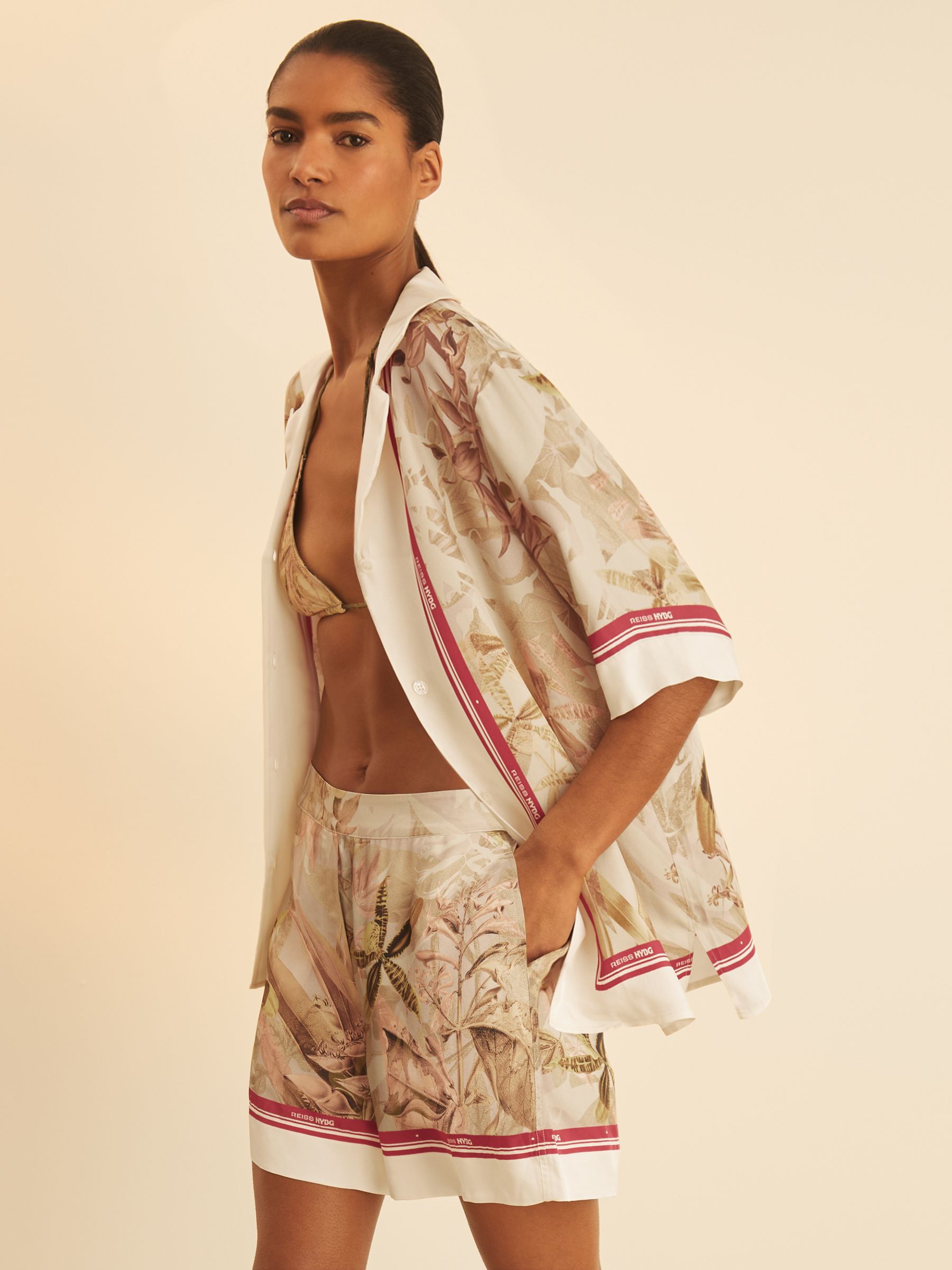 Reiss | NYBG Satin Floral-Print Shorts in Light Khaki