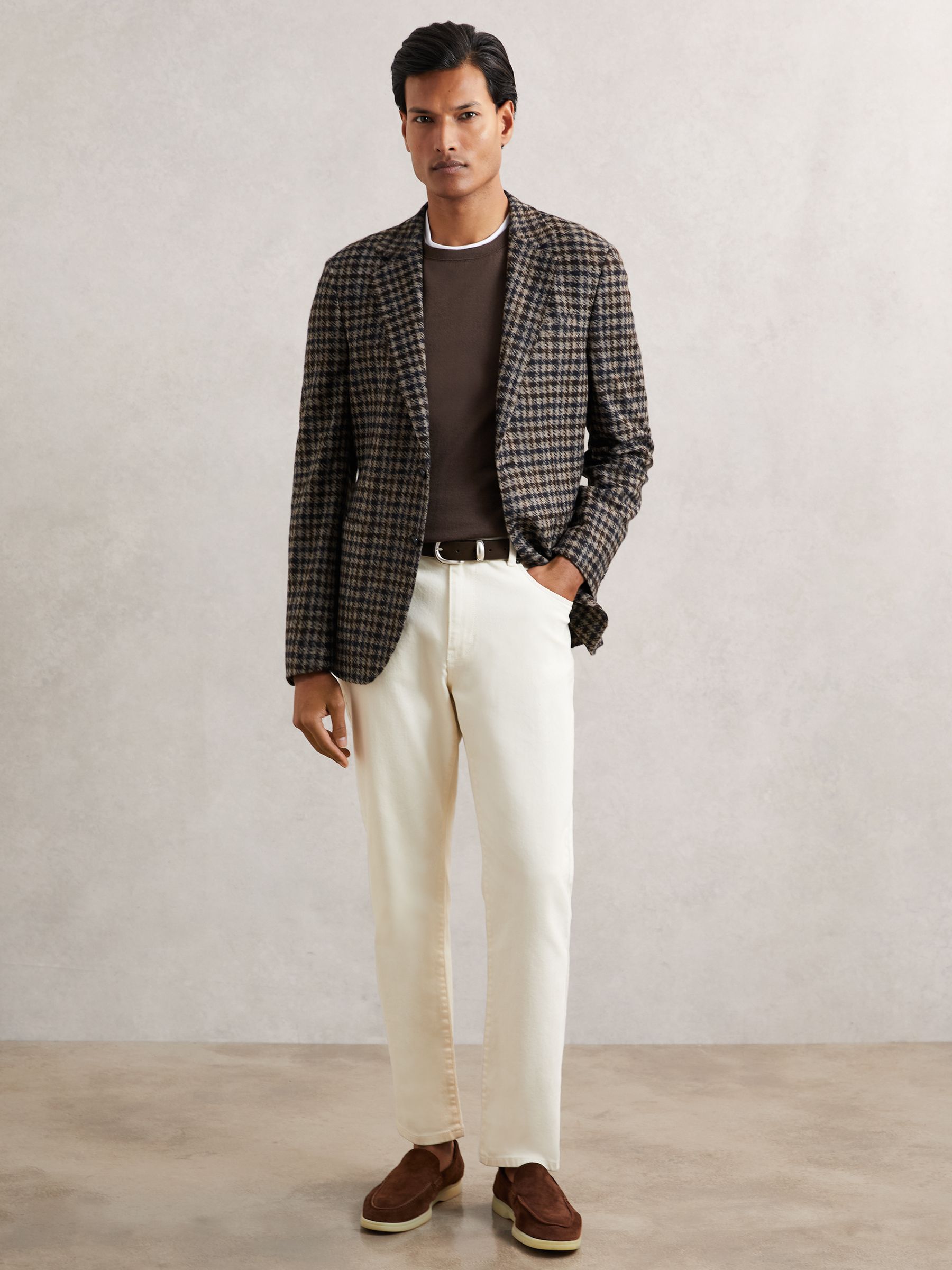 Wool-Blend Dogtooth Check Blazer in Brown