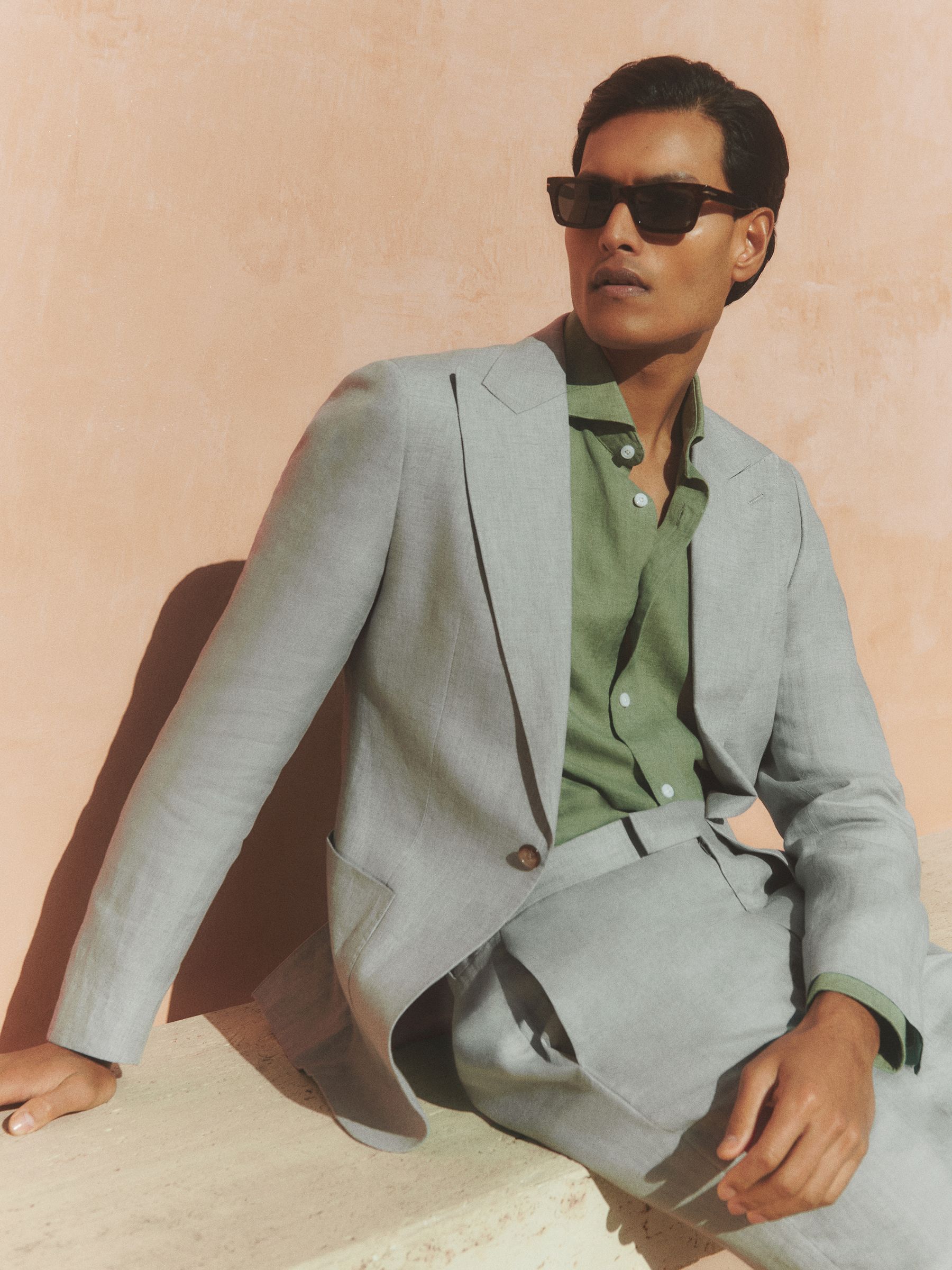 Linen Single-Breasted Suit Blazer Slim-Fit in Ocean Green