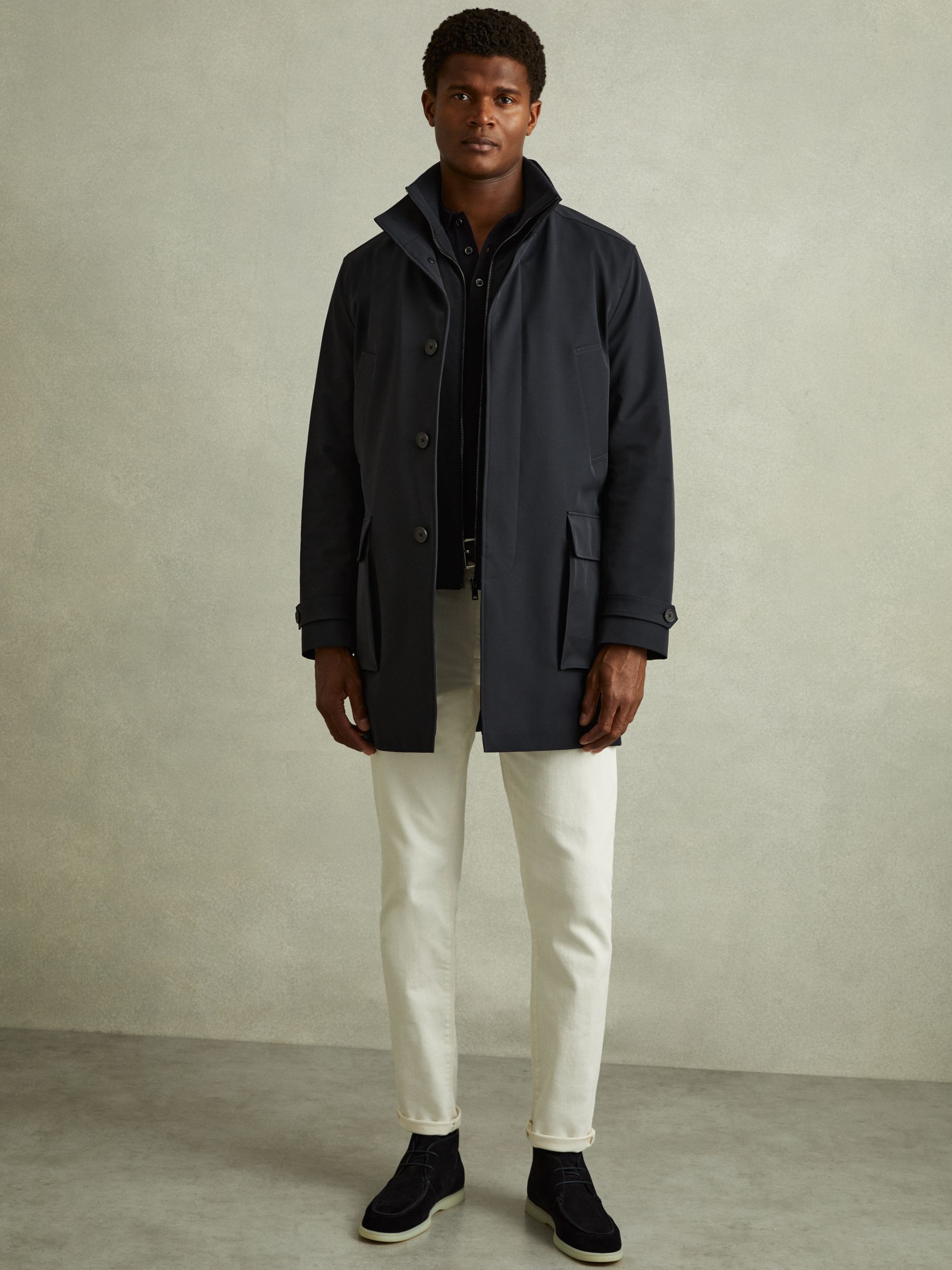 Hybrid Removable Funnel Neck Overcoat in Navy