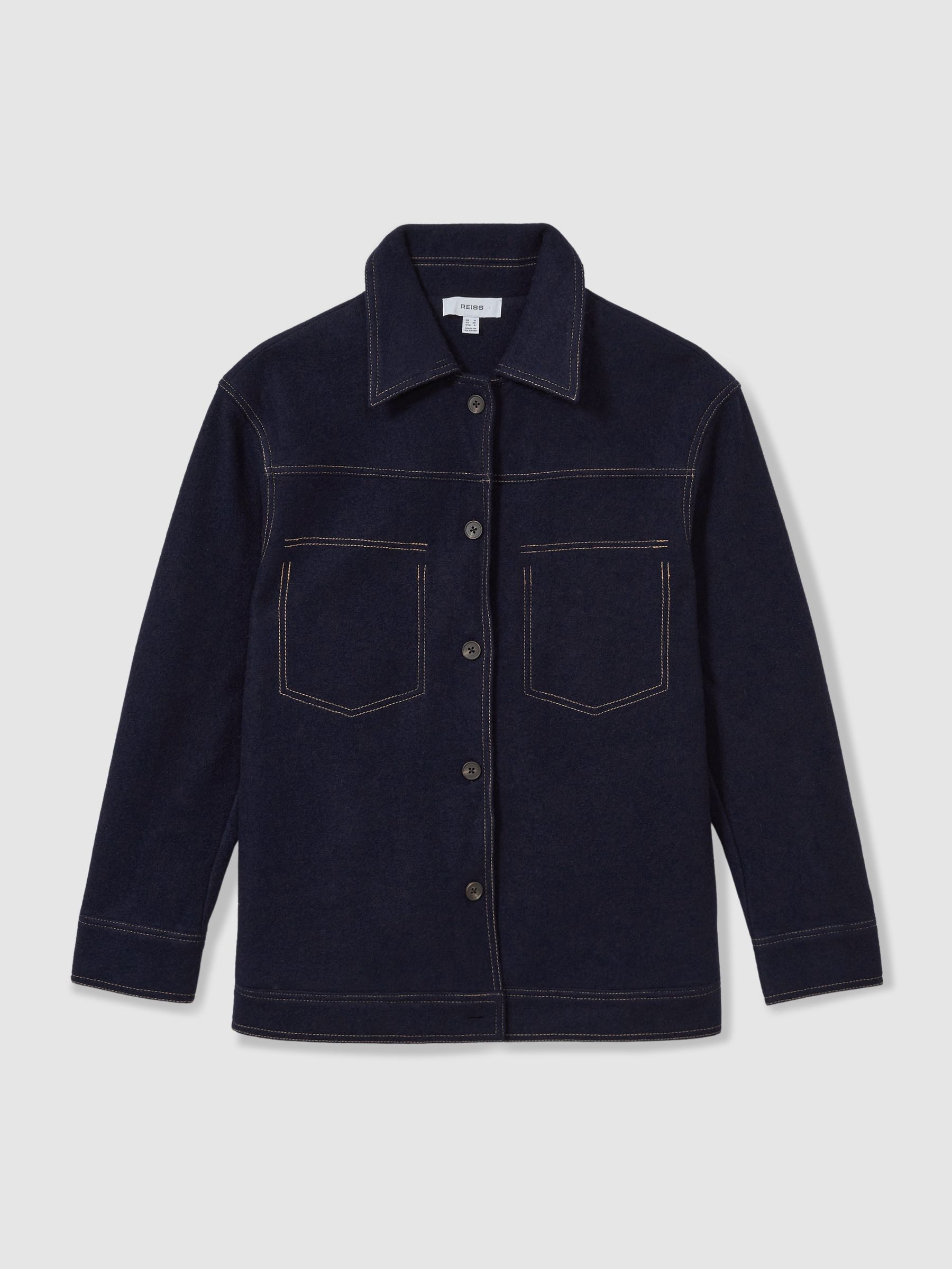 Wool-Blend Topstitch Woven Shirt in Navy