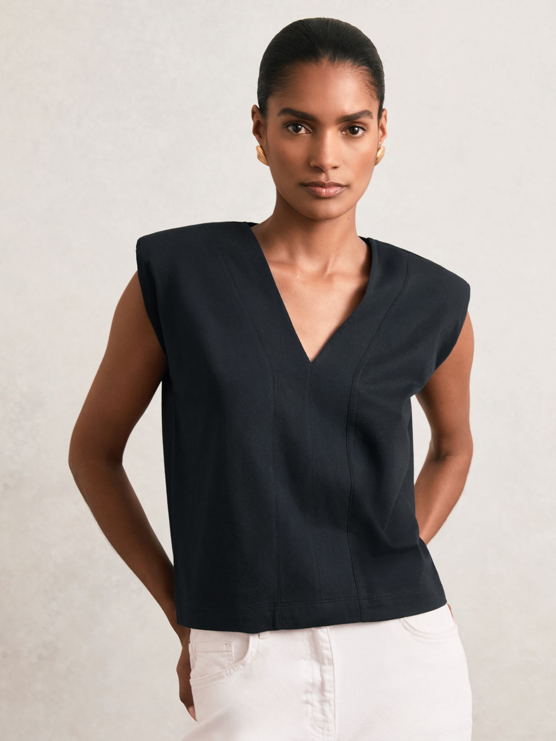 Cotton Shoulder-Pad V-Neck Top in Navy