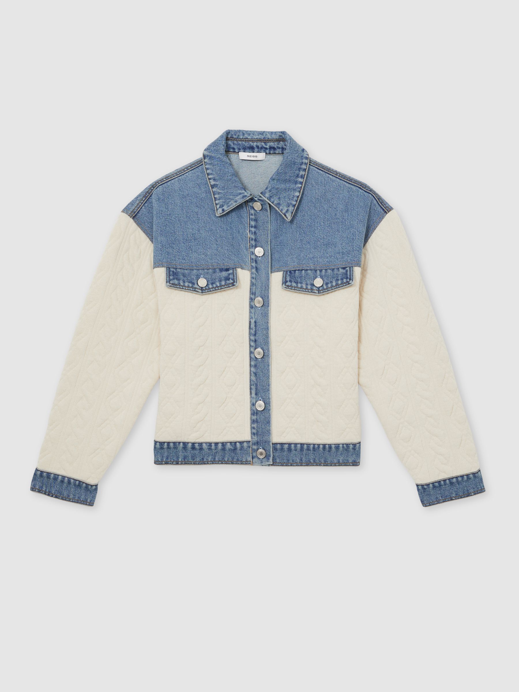 Quilted Colour Block Denim Jacket in Denim Blue