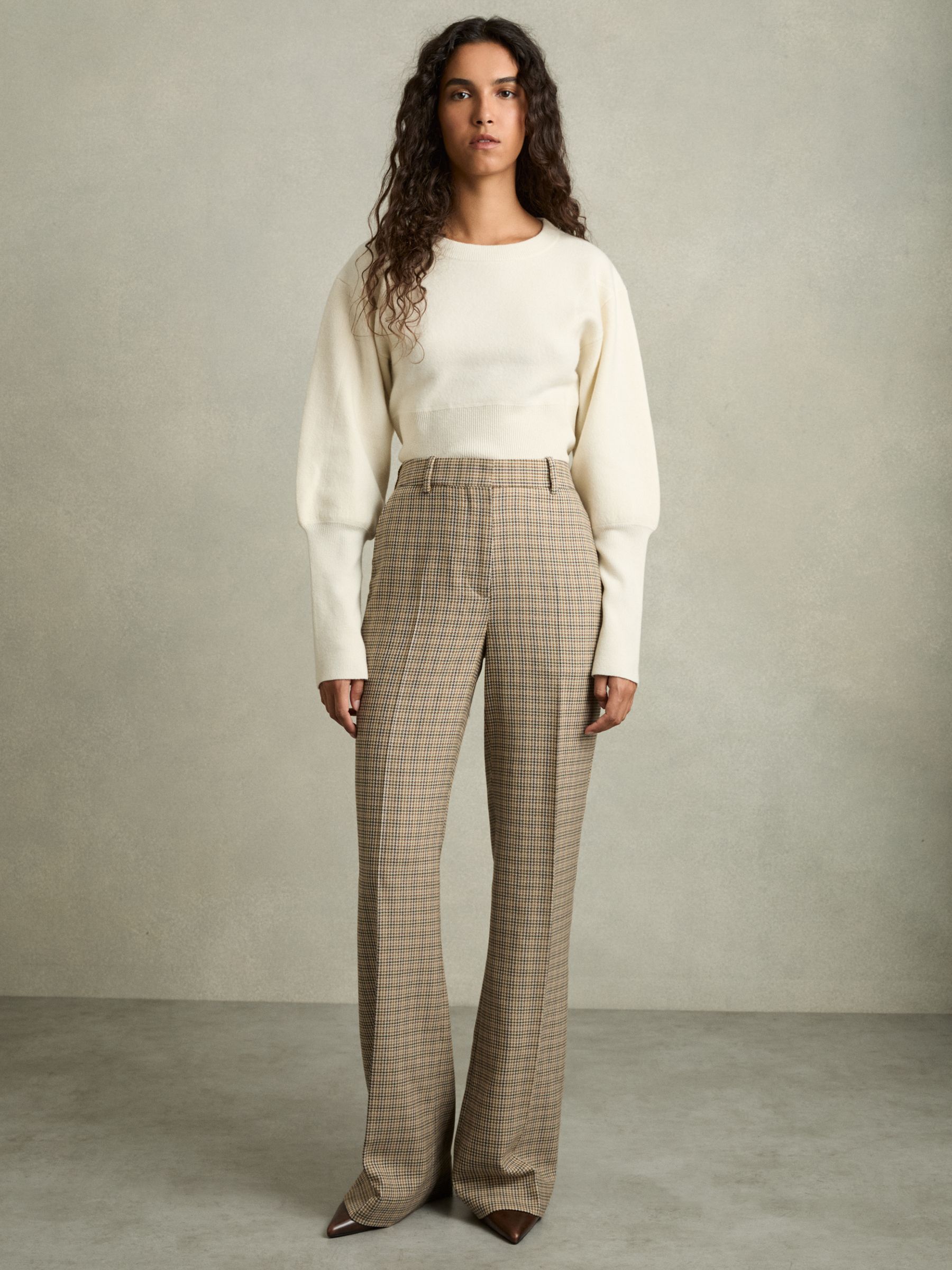 Petite Wool Wide-Leg Houndstooth-Check Trousers in Brown Check