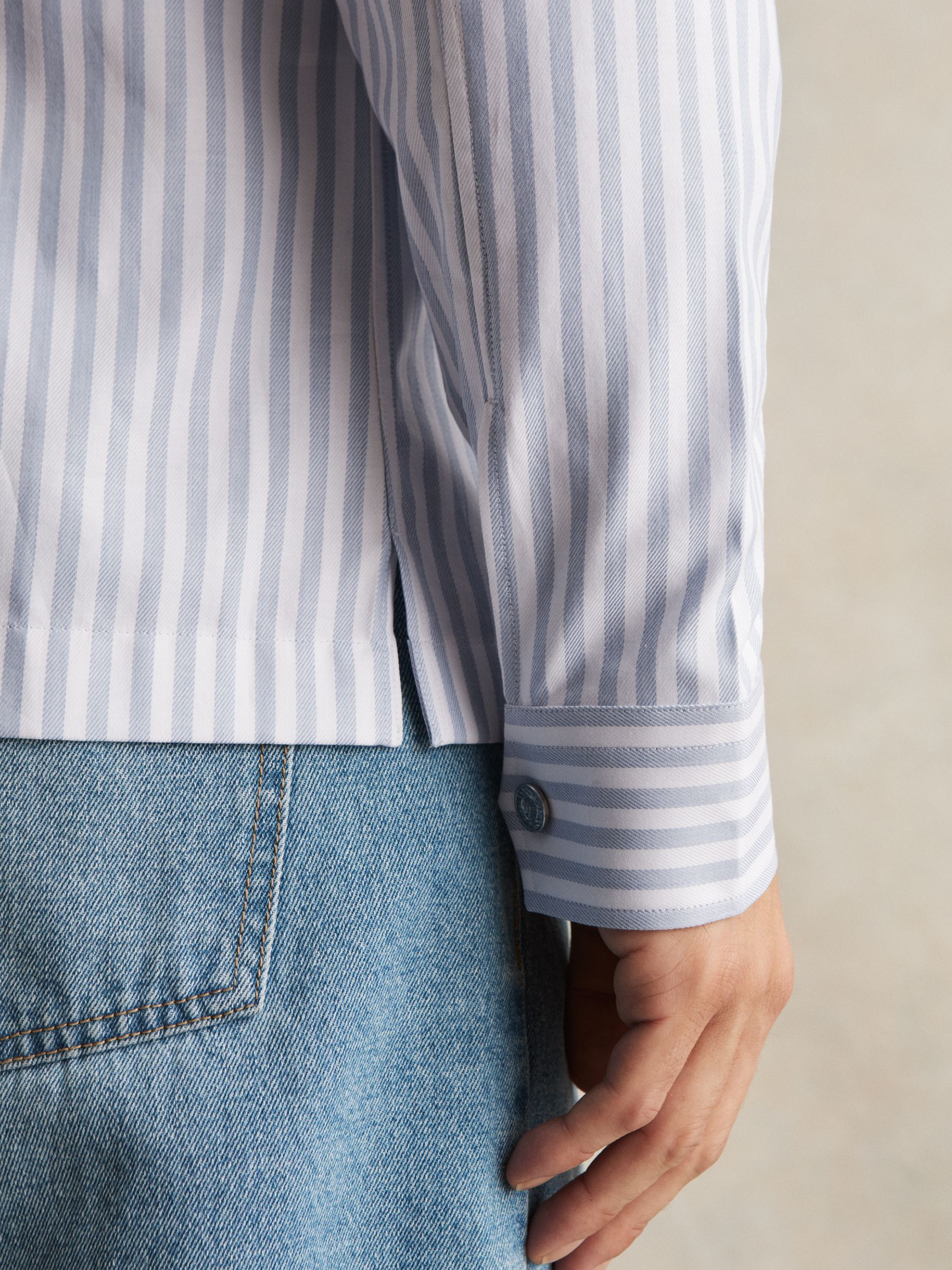Cotton Stripe Zip-Through Shirt in White/Soft Blue