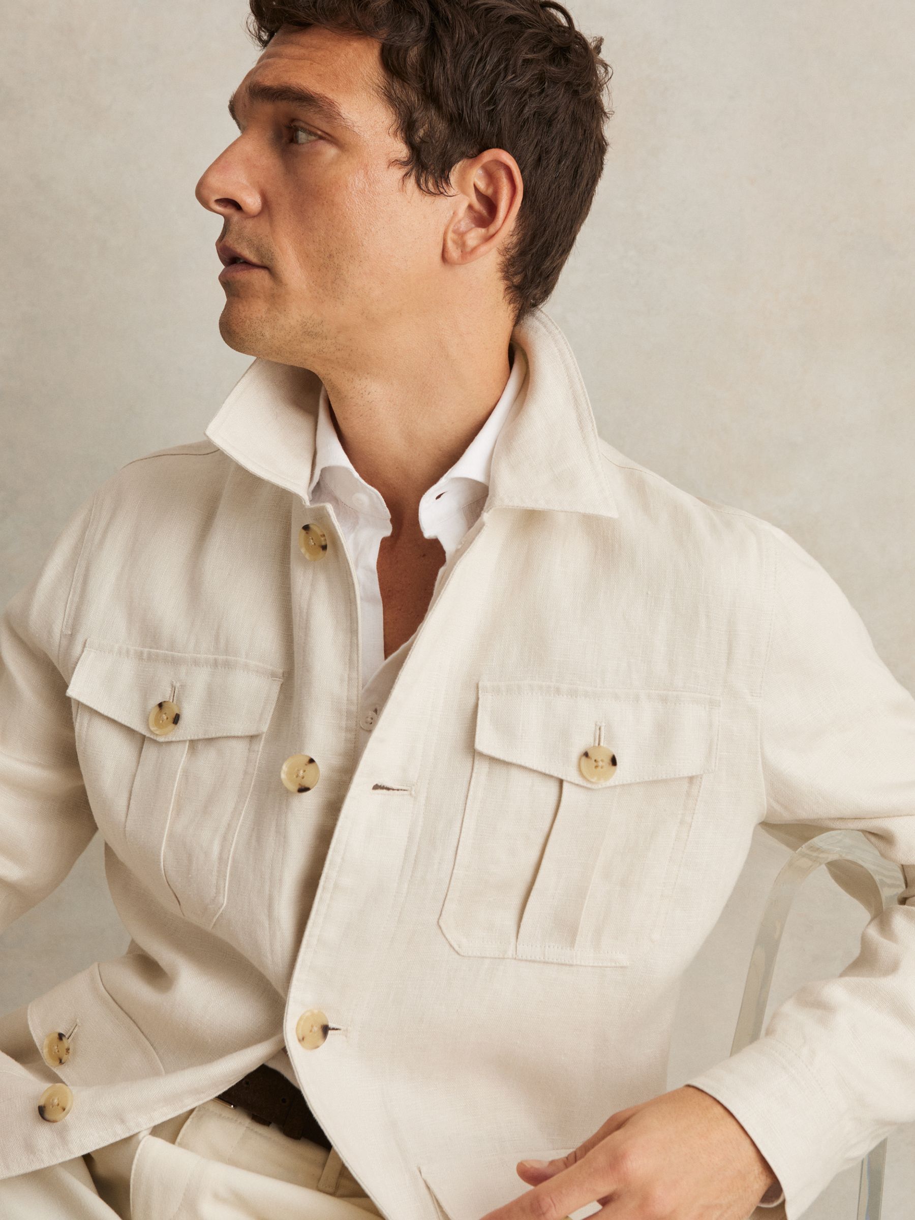 Linen Four-Pocket Safari Jacket in Off White