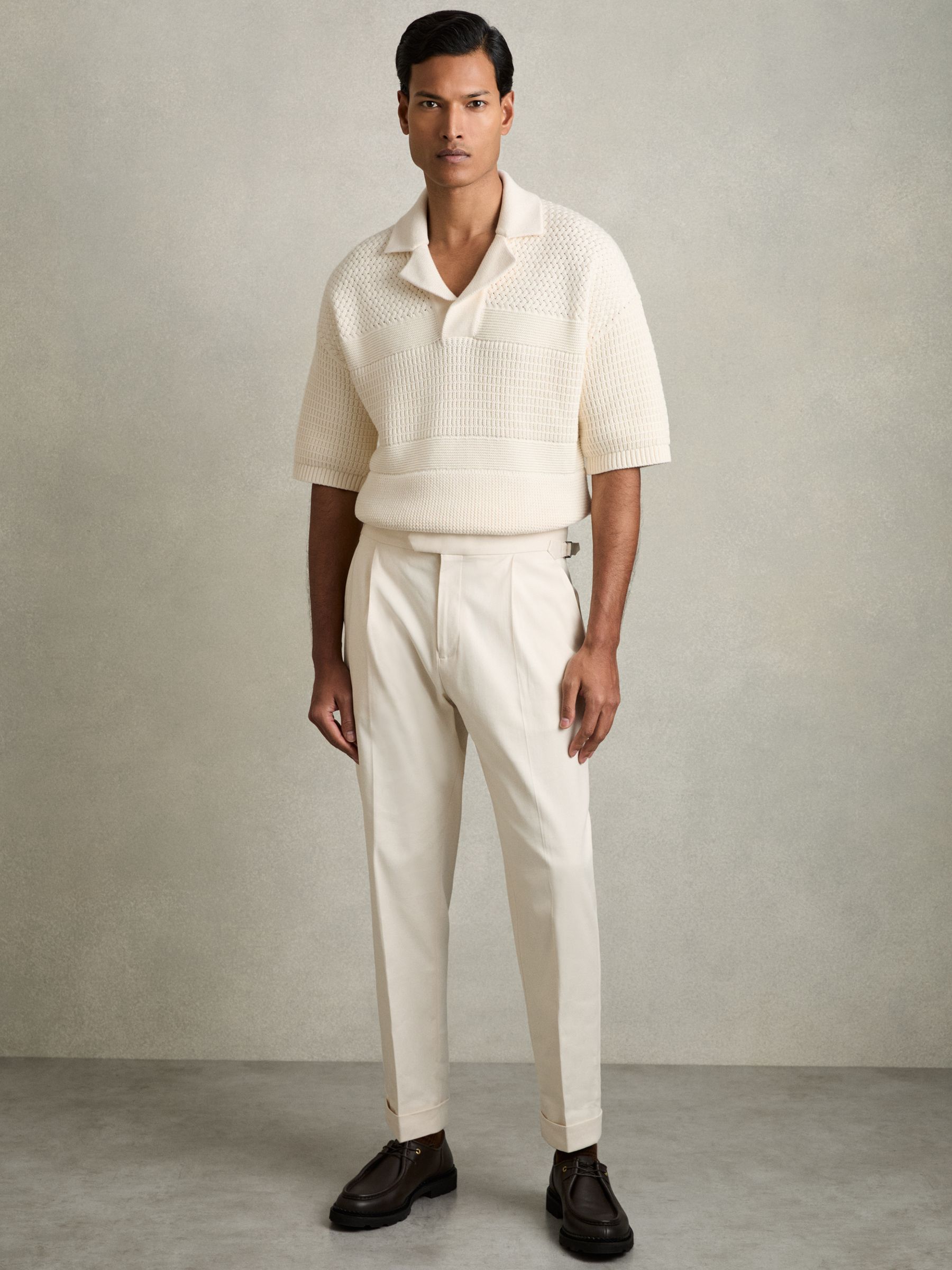 Cotton Textured-Knit Polo Shirt in Off White