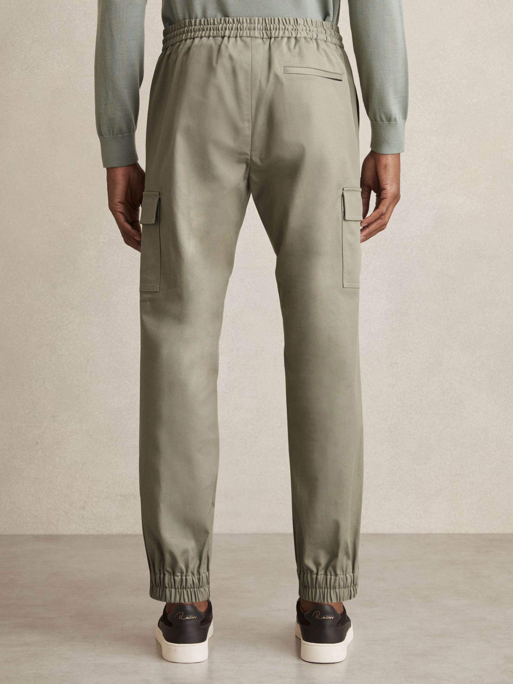 Cotton Drawstring Cargo Trousers in Washed Khaki Green