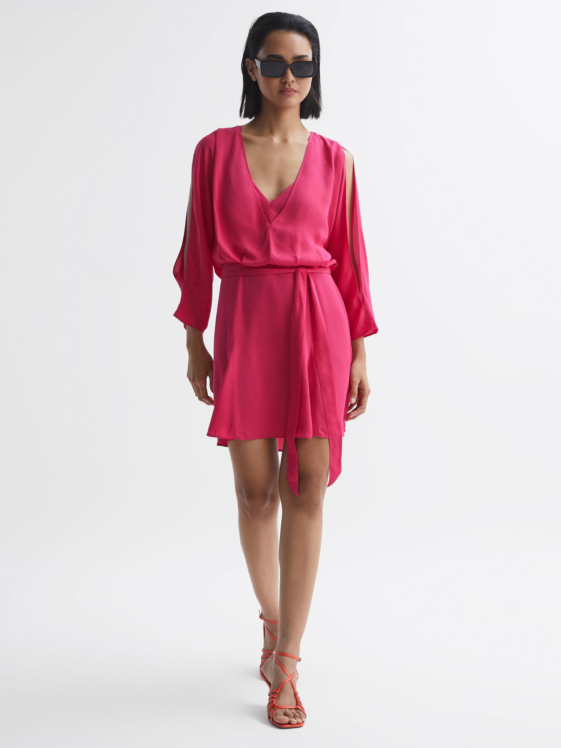 Open Back Split Sleeve Mini Dress in Bright Pink