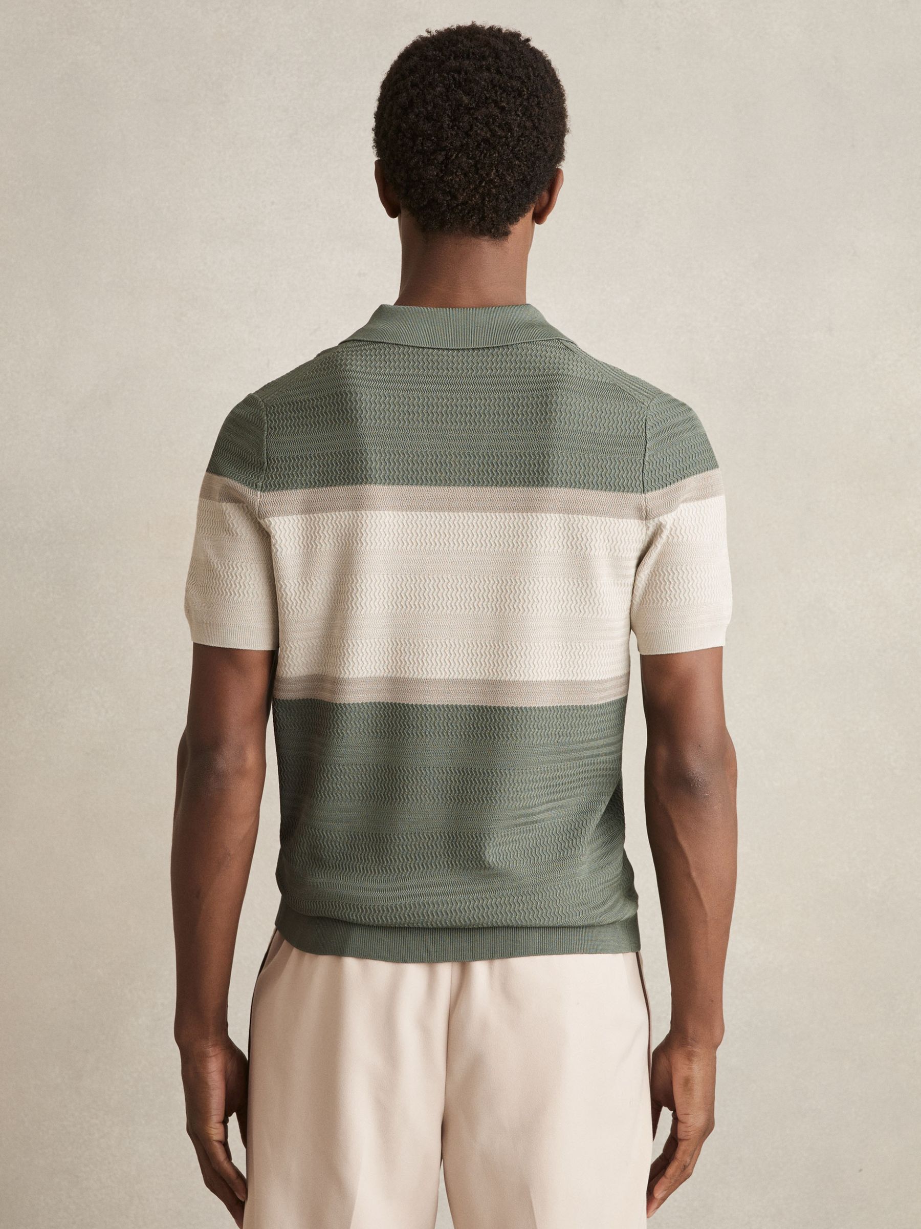 Textured Knit Stripe Polo Shirt in Sage Green