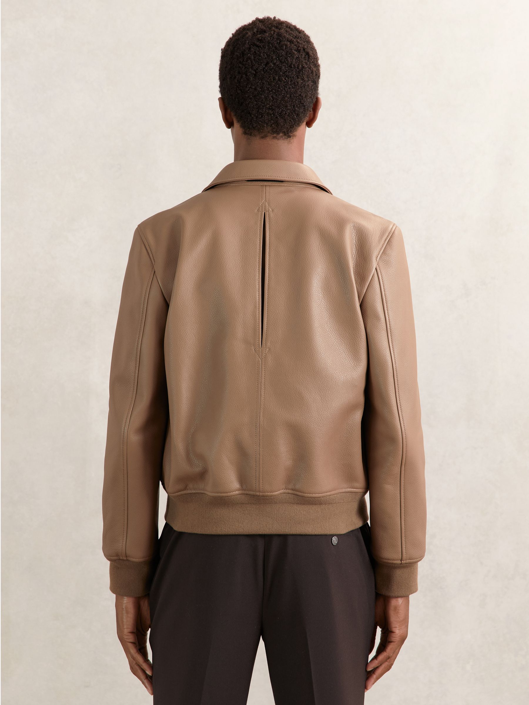 Tumbled-Leather Harrington Jacket in Tan Brown