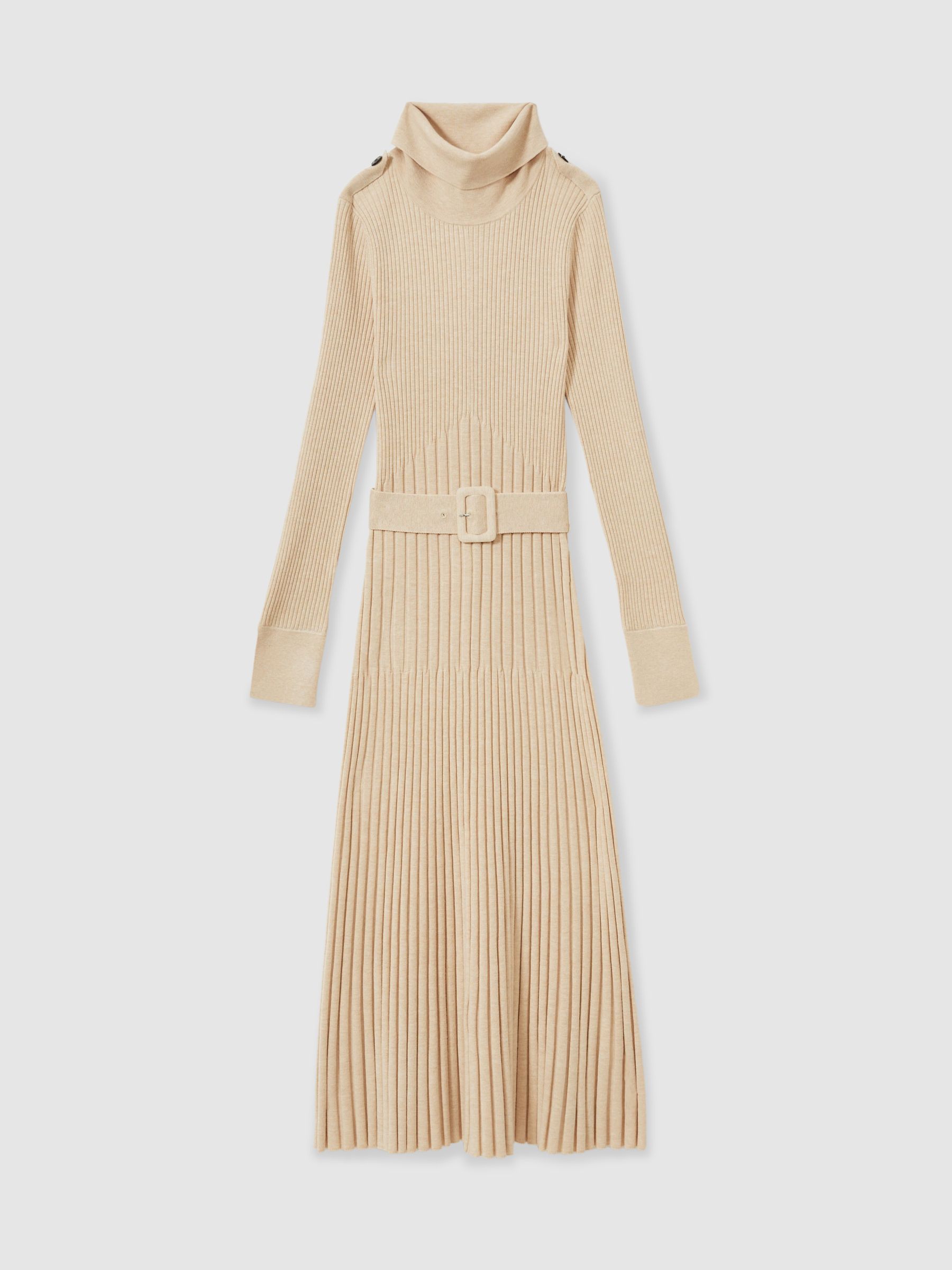 Ribbed Roll Neck Belted Midi Dress in Neutral