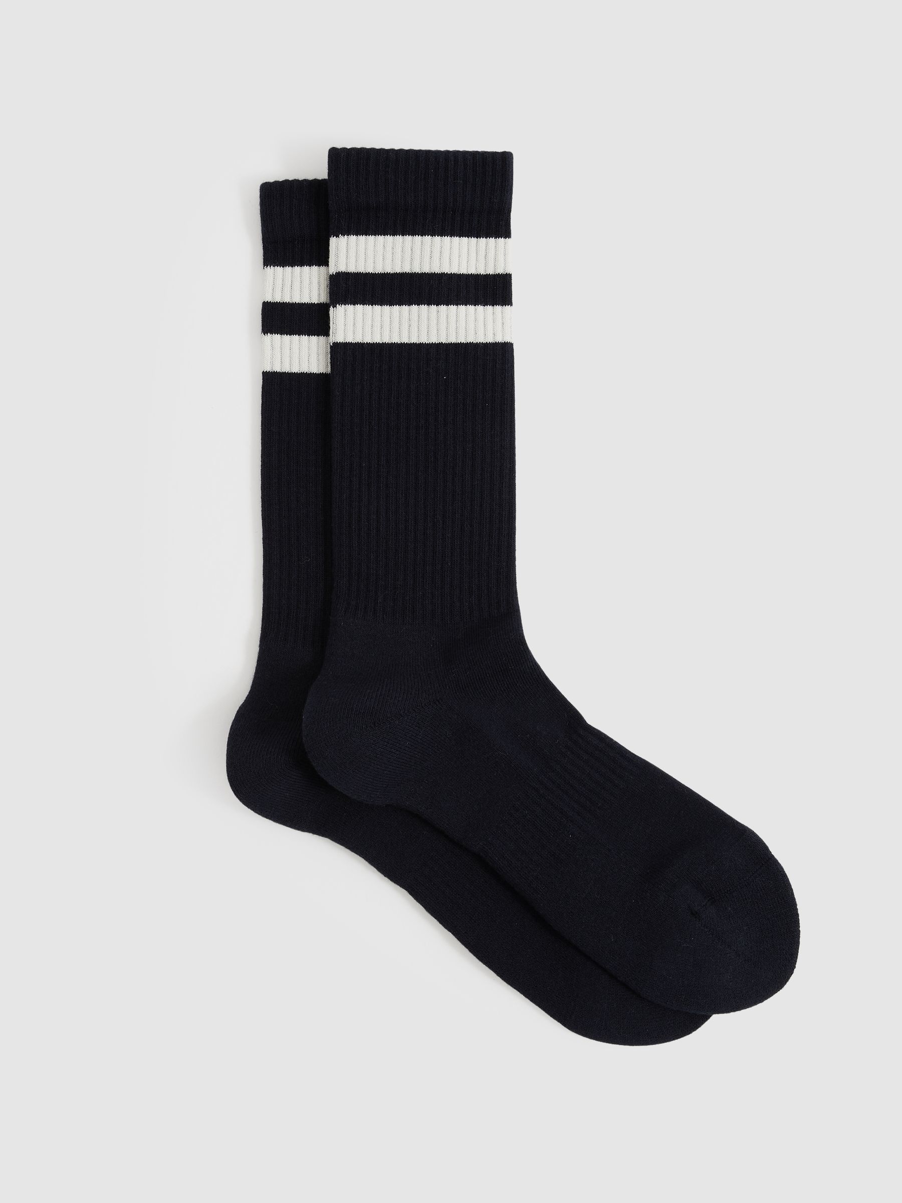 Cotton-Blend Double-Stripe Socks in Navy/Ecru
