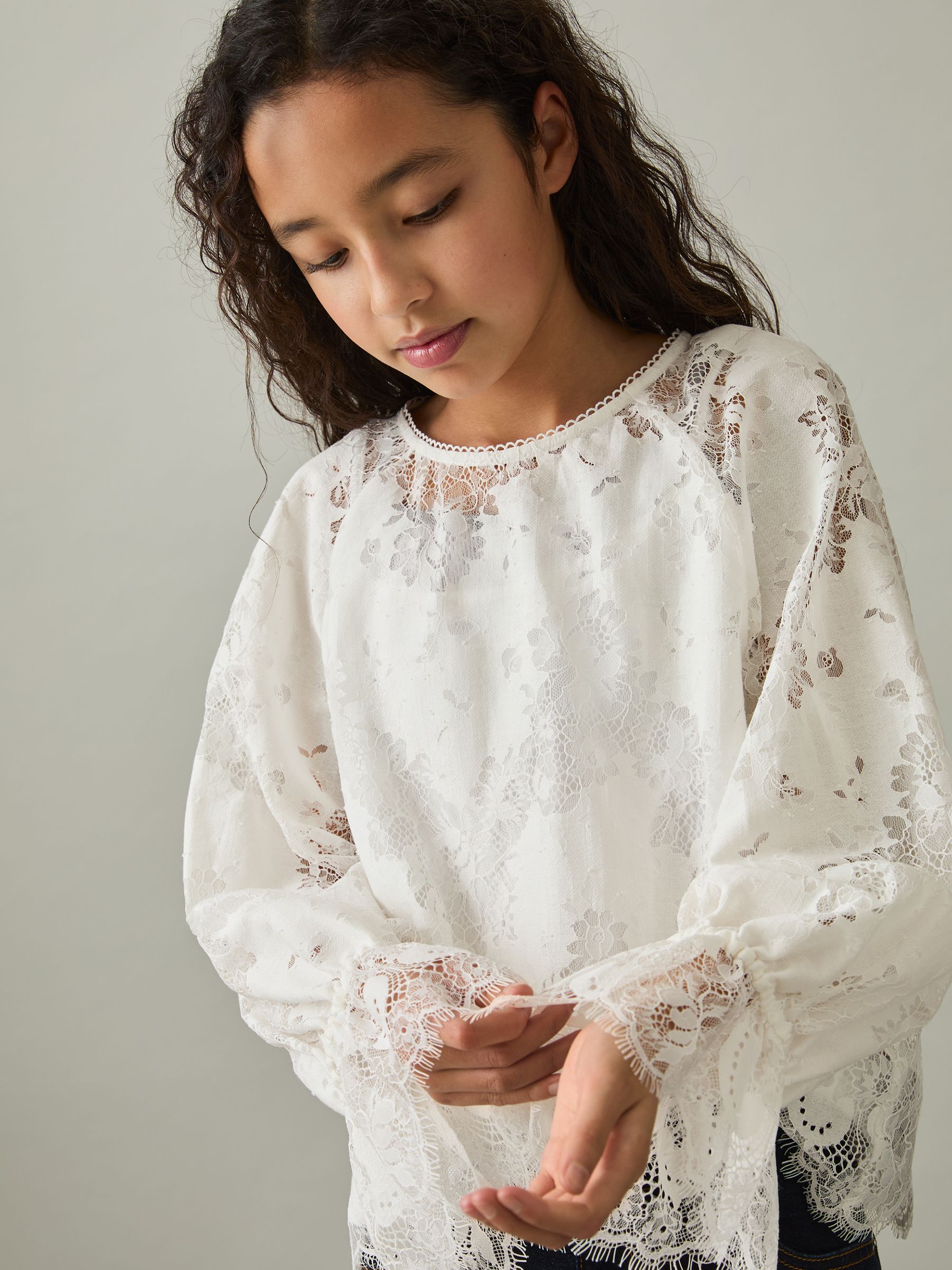 13-14 yrs Lace Long-Sleeve Top in Ivory