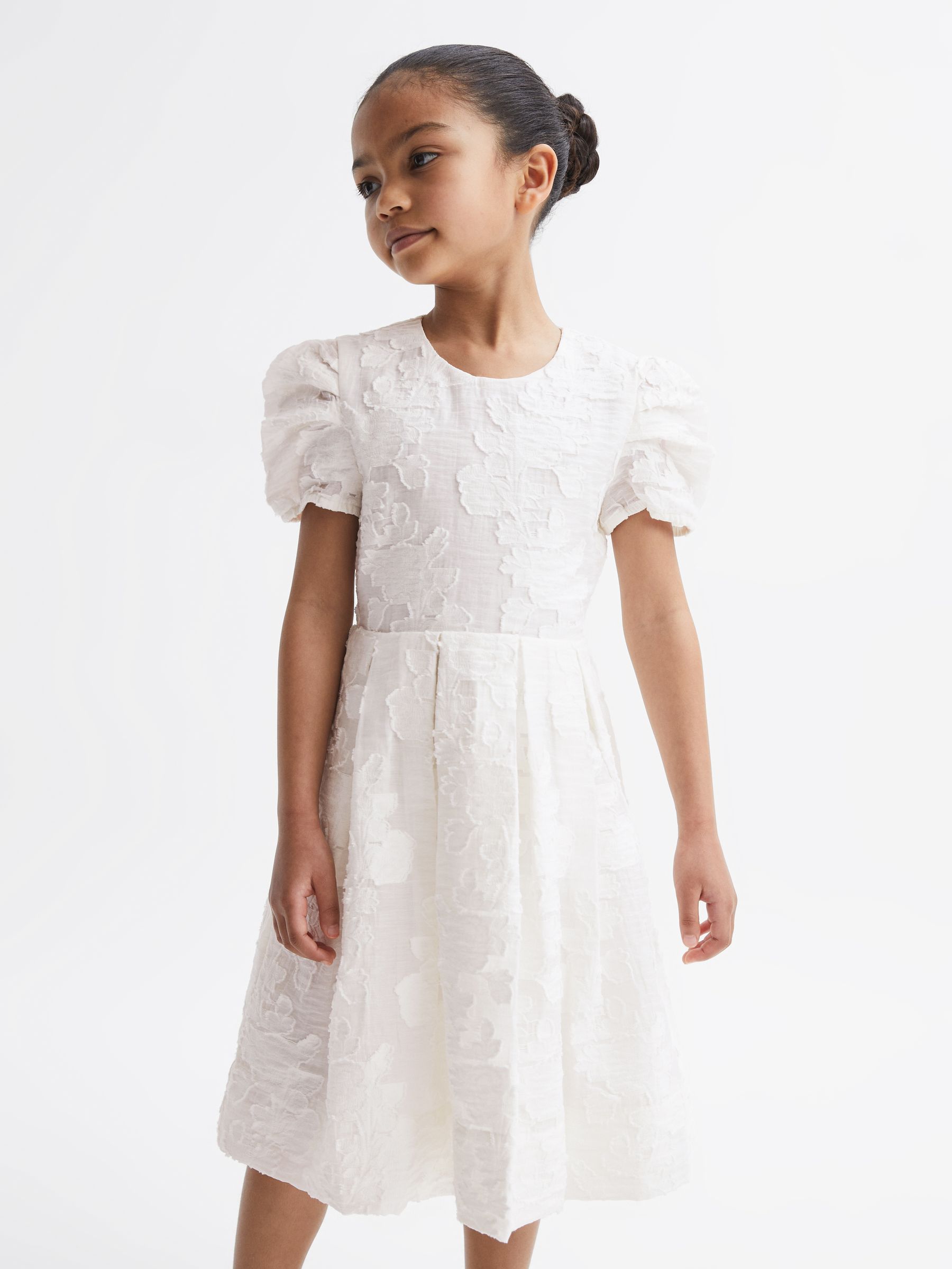 Junior Floral Print Textured Dress in Ivory