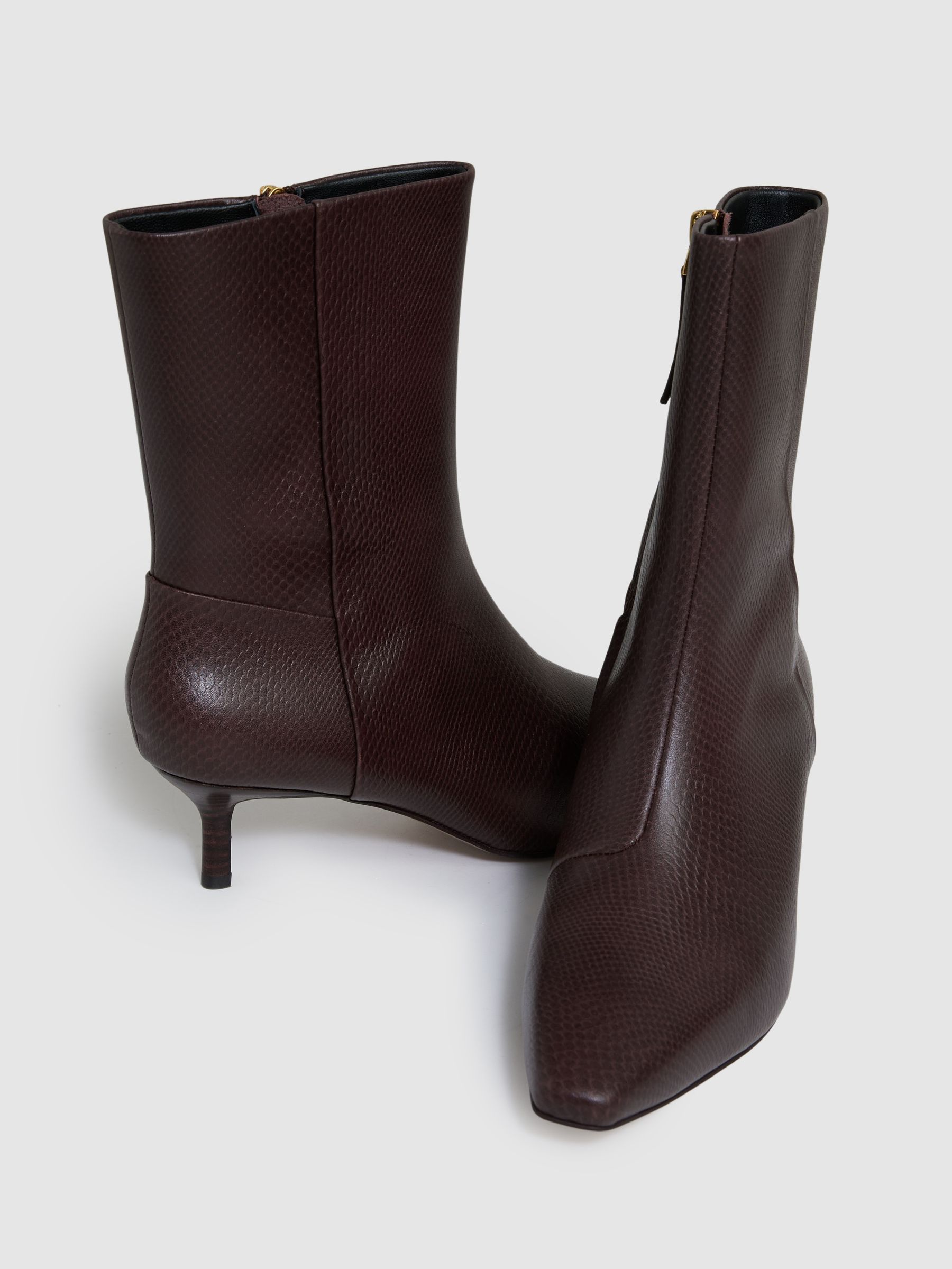 Leather Kitten-Heel Ankle Boots in Chocolate