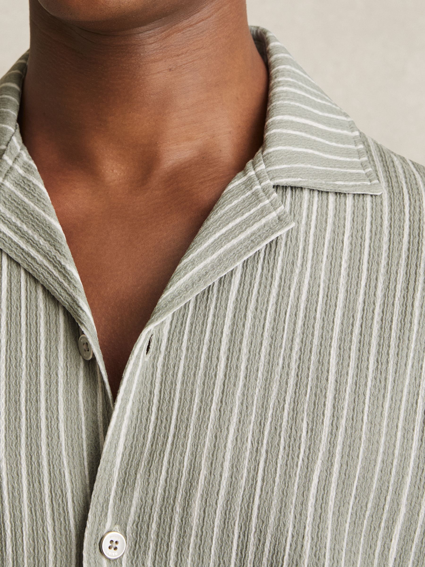 Textured Stripe Cuban Collar Shirt in Sage/White