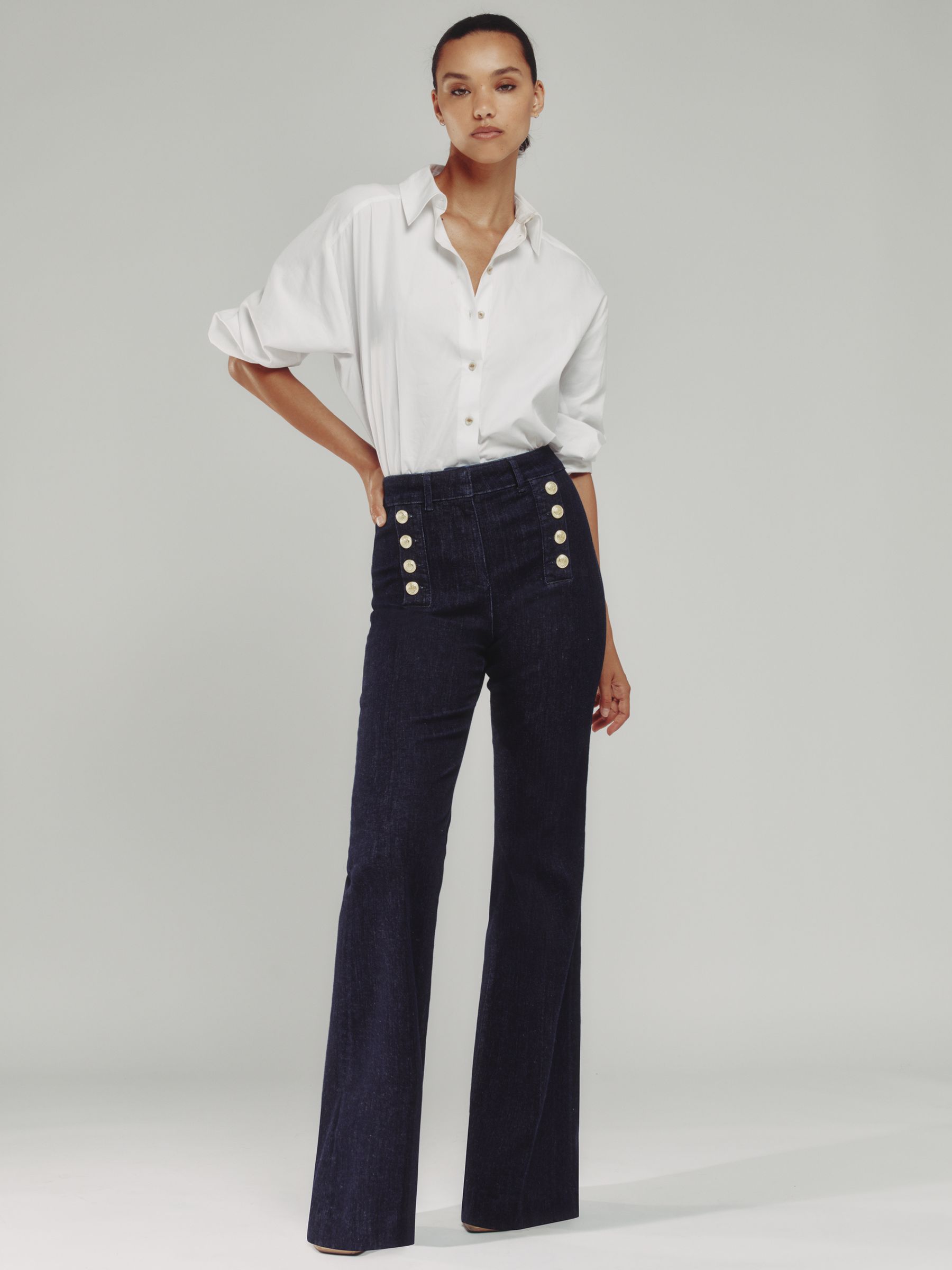 Petite Button-Detail High-Rise Flared Jeans in Dark Blue