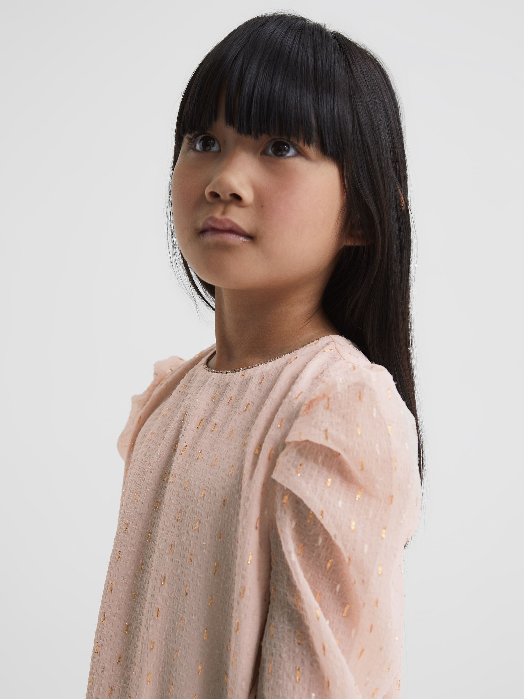 9-12 yrs Ruched Shoulder Metallic Detail Dress in Pink