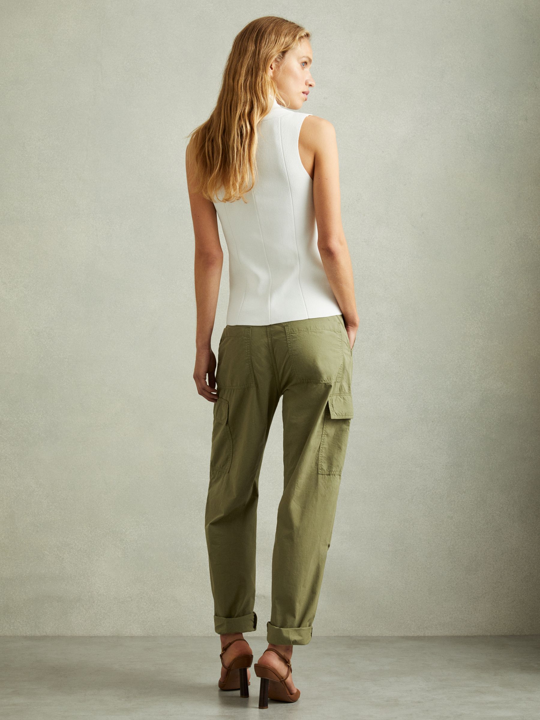 Tapered Drawstring Cotton Combat Trousers in Khaki