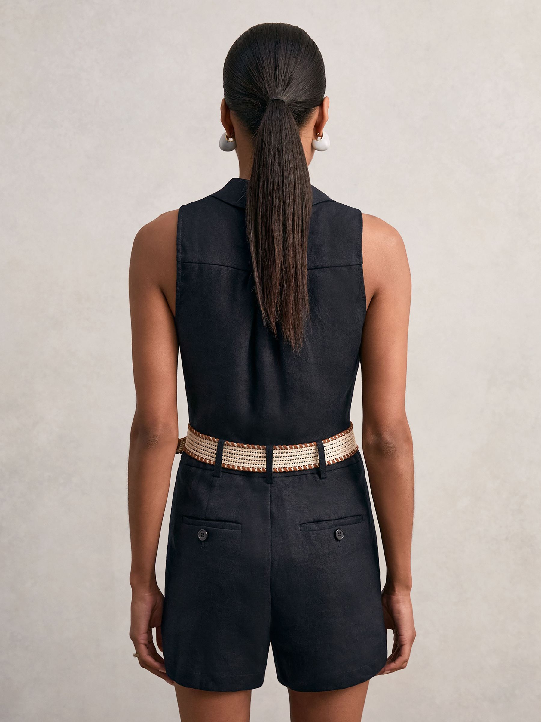 Linen Belted Sleeveless Wrap Playsuit in Navy