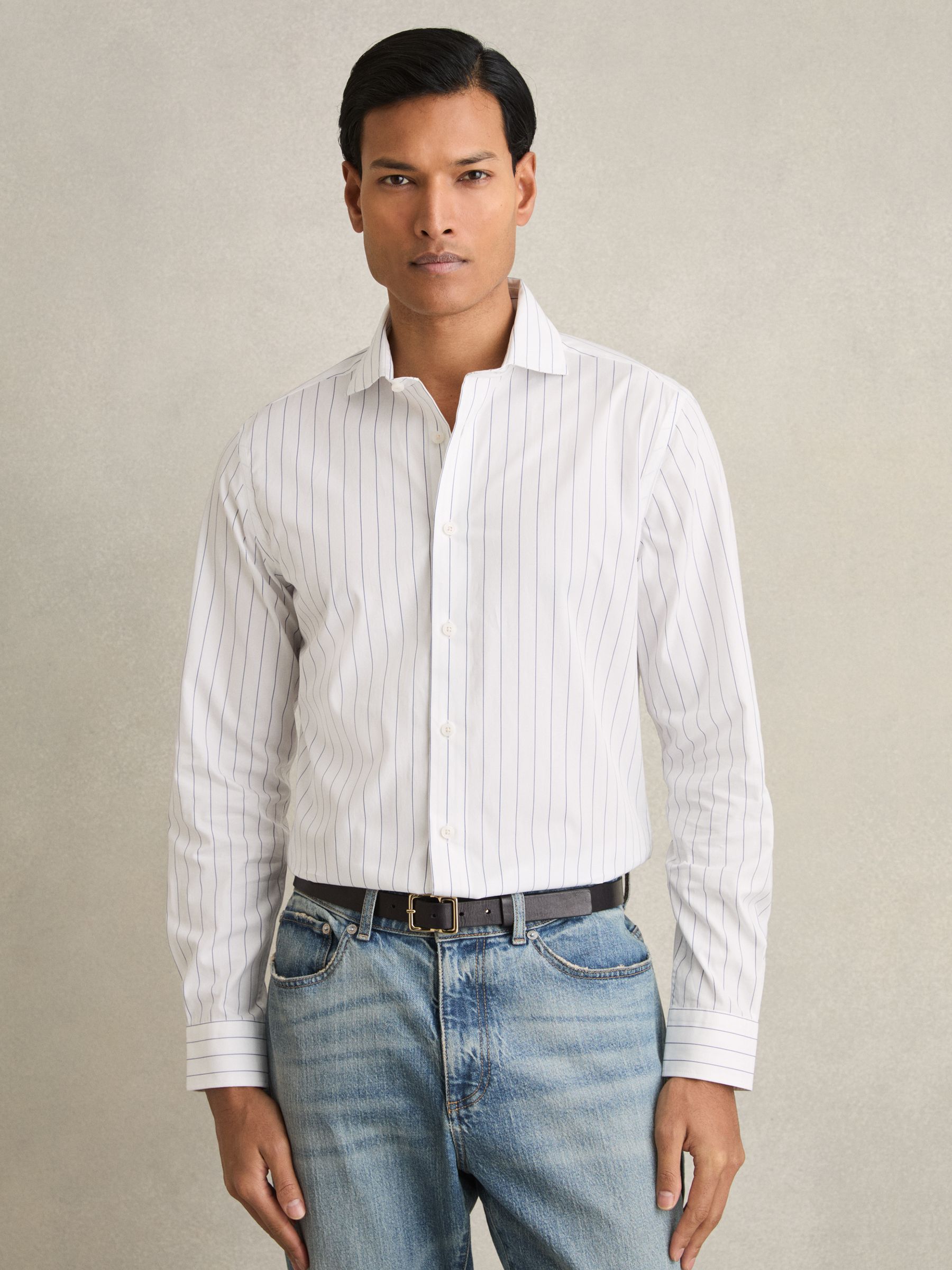 Cotton Cutaway Collar Stripe Shirt in Blue/White