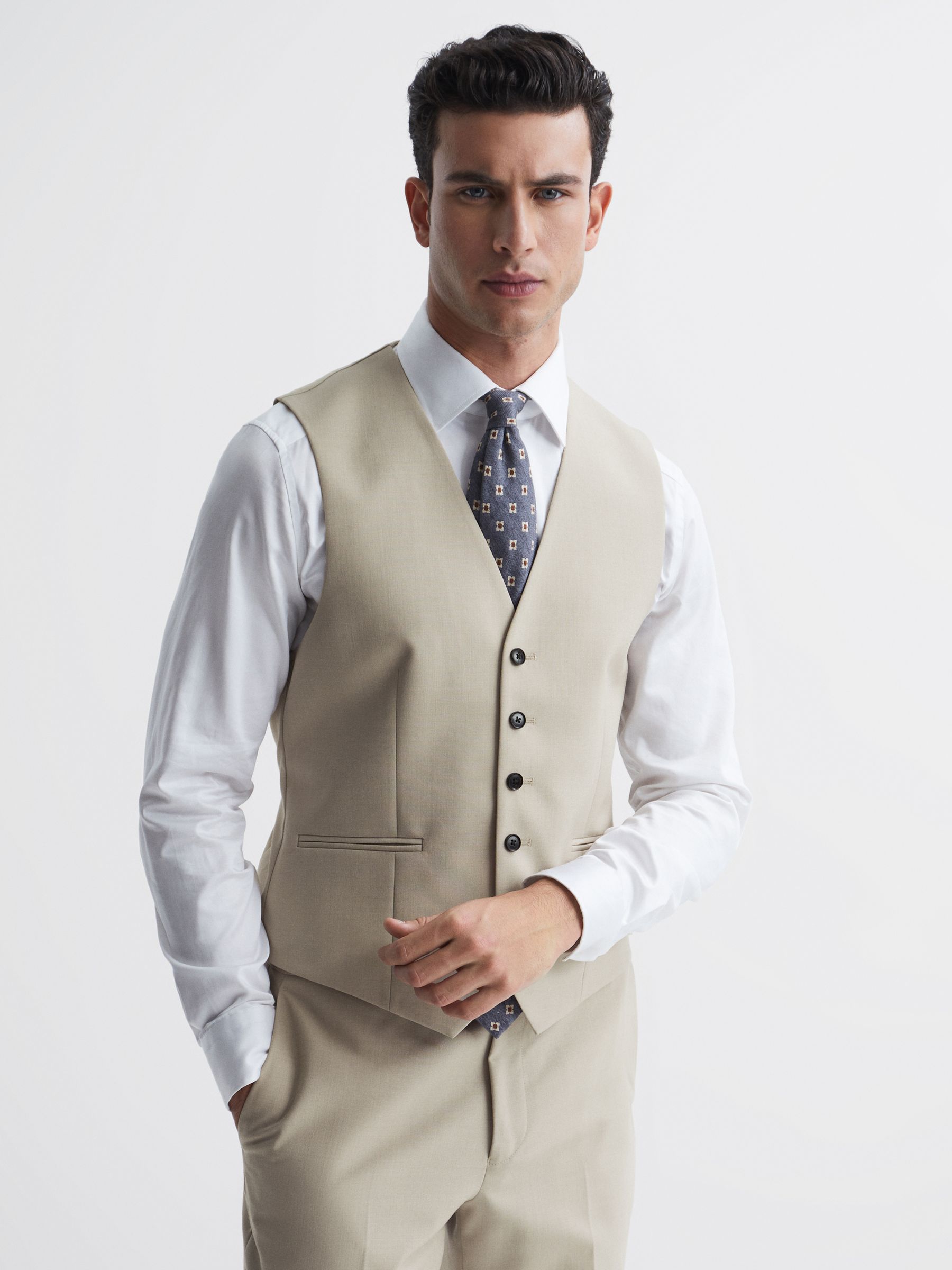 Classic Slim Fit Six Button Wool Waistcoat in Stone