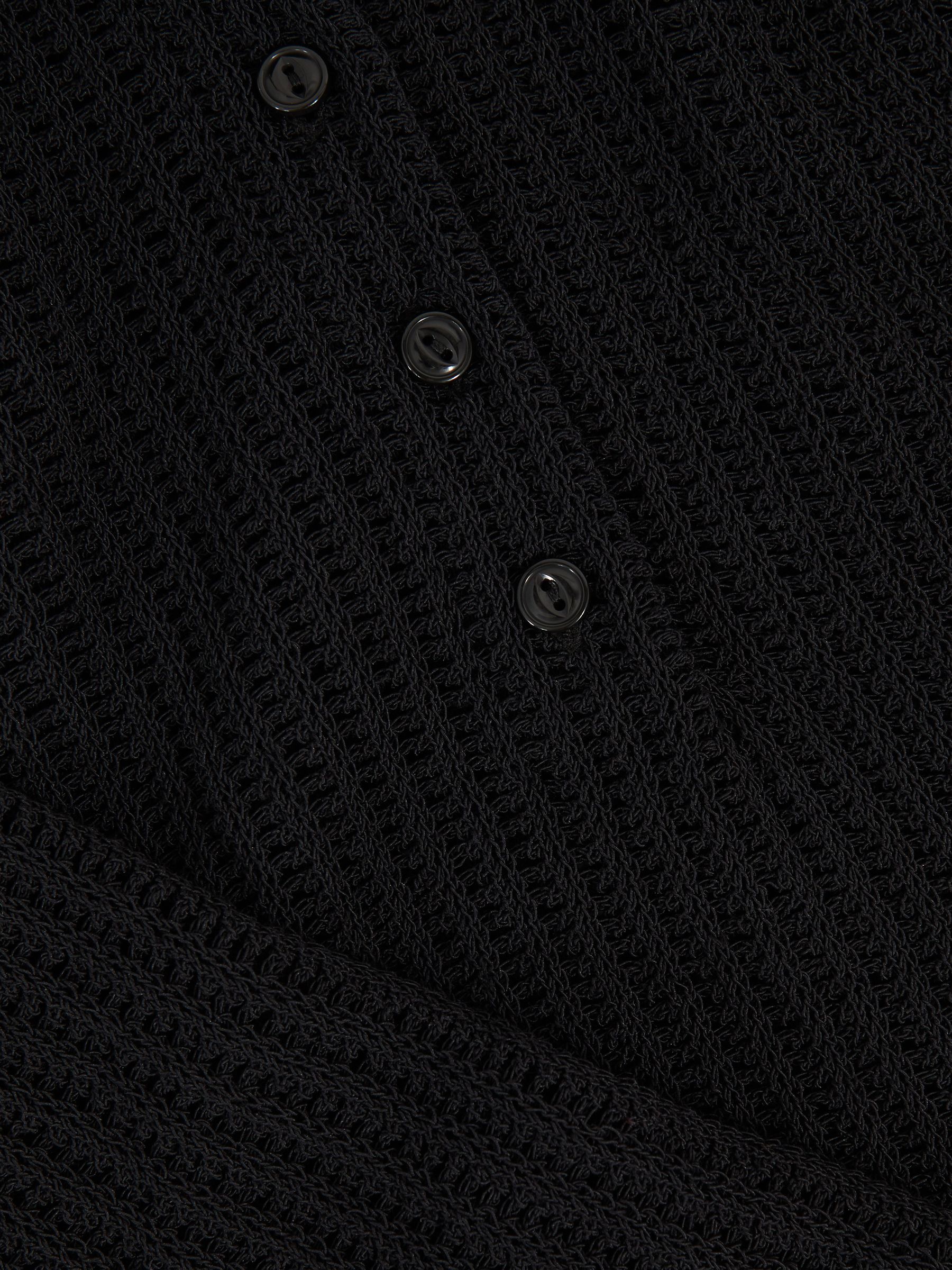 Open-Knit Long-Sleeve Polo Top in Black