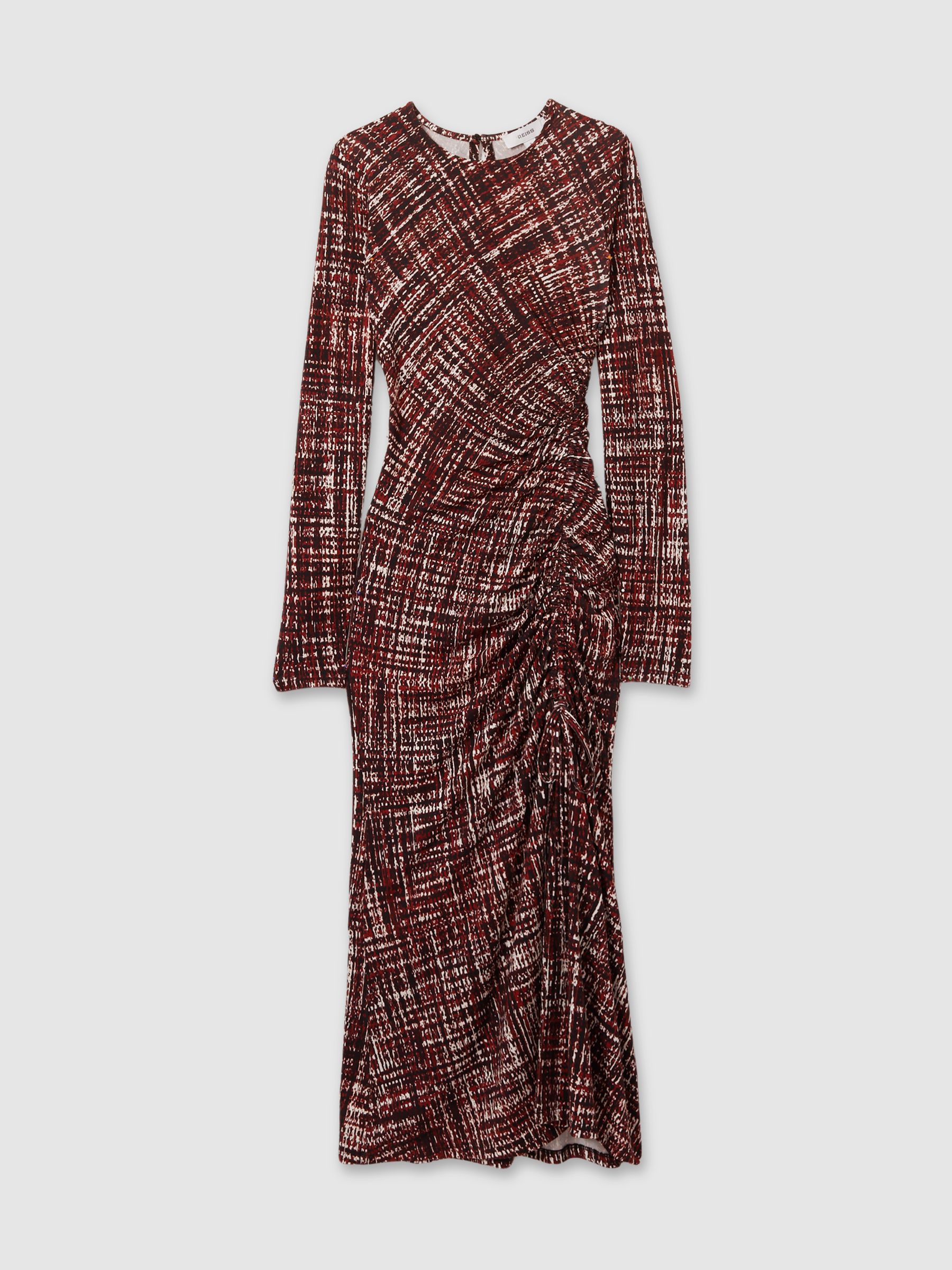 Petite Printed Ruched Midi Dress in Red