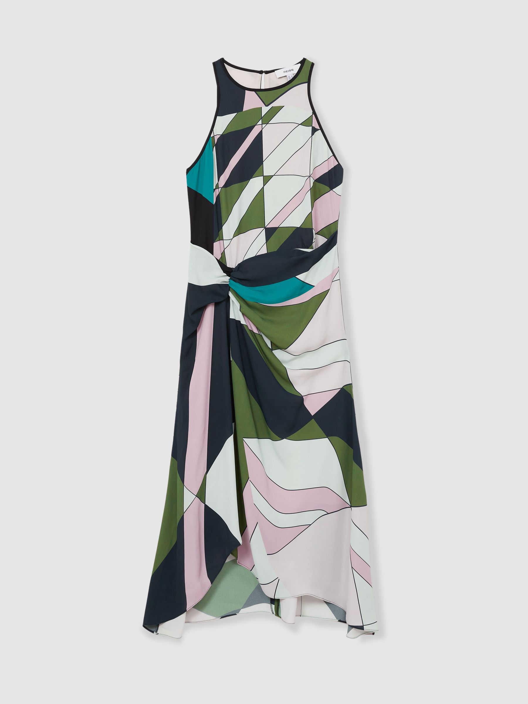 Geometric-Print Gathered Midi Dress in Green