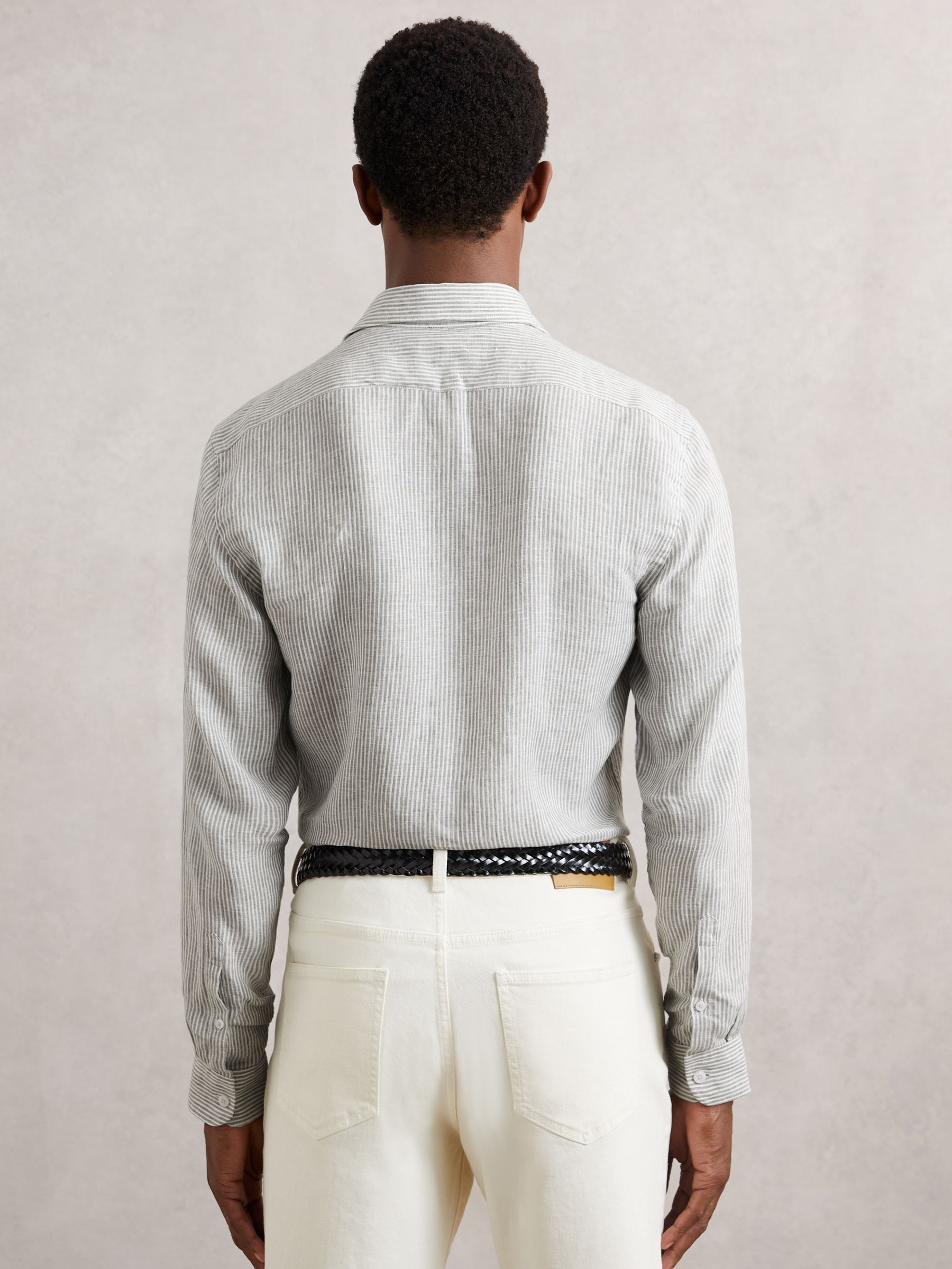 Linen Striped Cutaway-Collar Shirt in White/Thyme Green