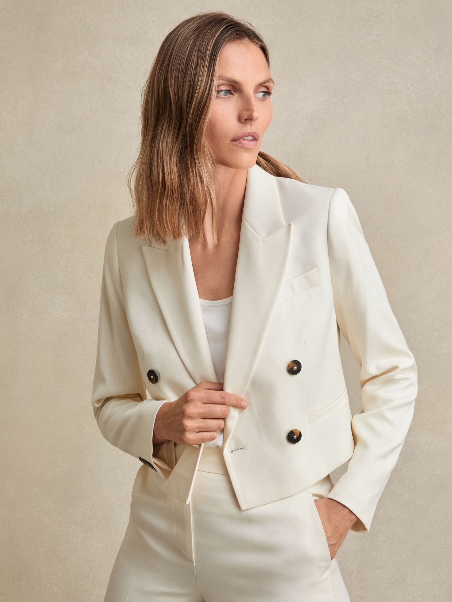 Double-Breasted Cropped Blazer in Cream