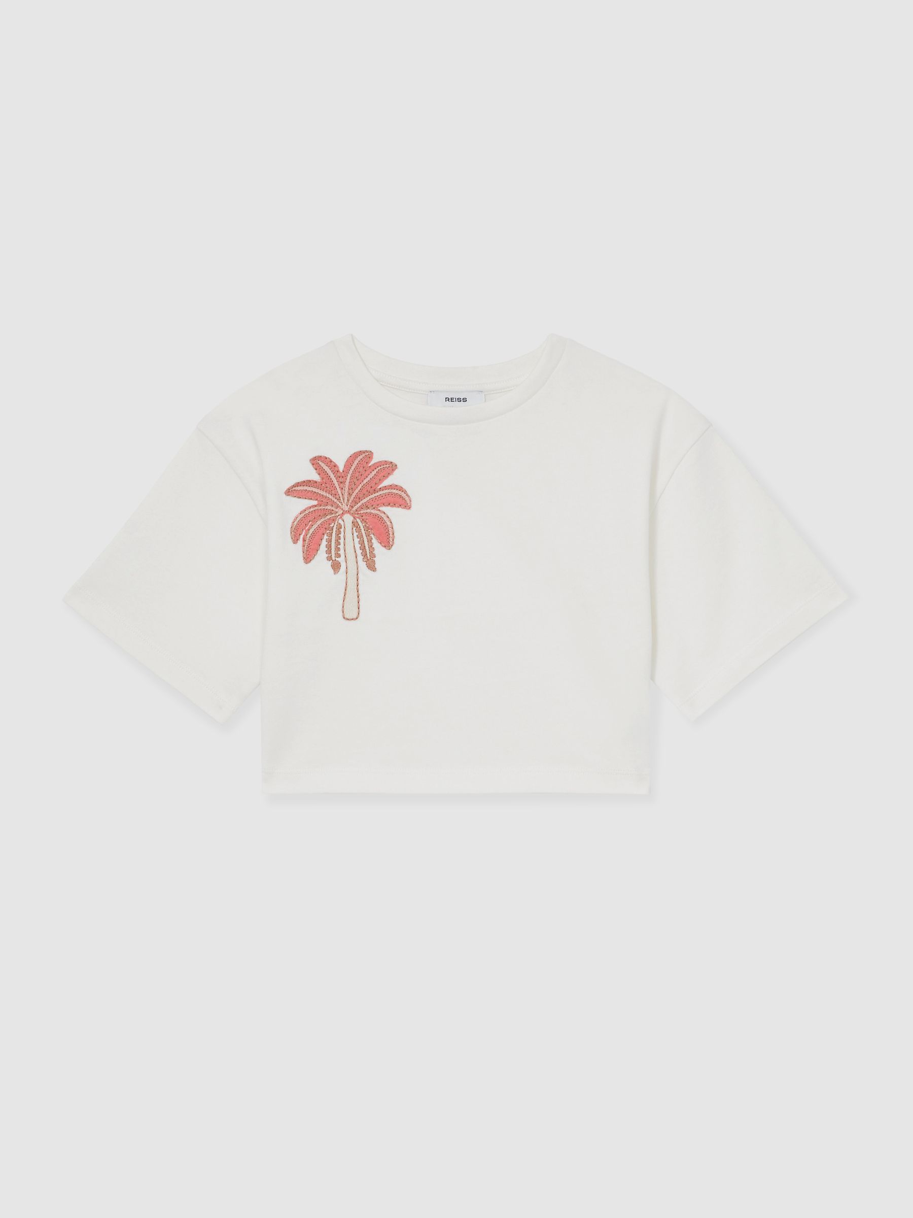 9-13 yrs Cotton Palm Tree Cropped T-Shirt in Ivory