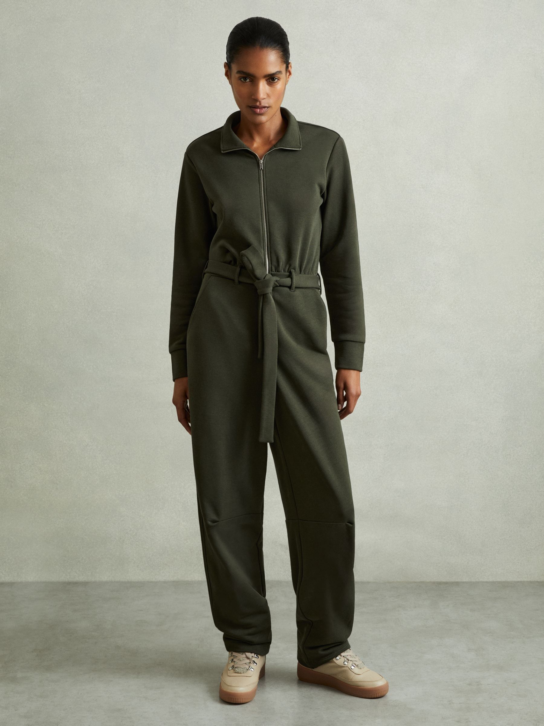 Belted Loopback-Jersey Jumpsuit in Khaki