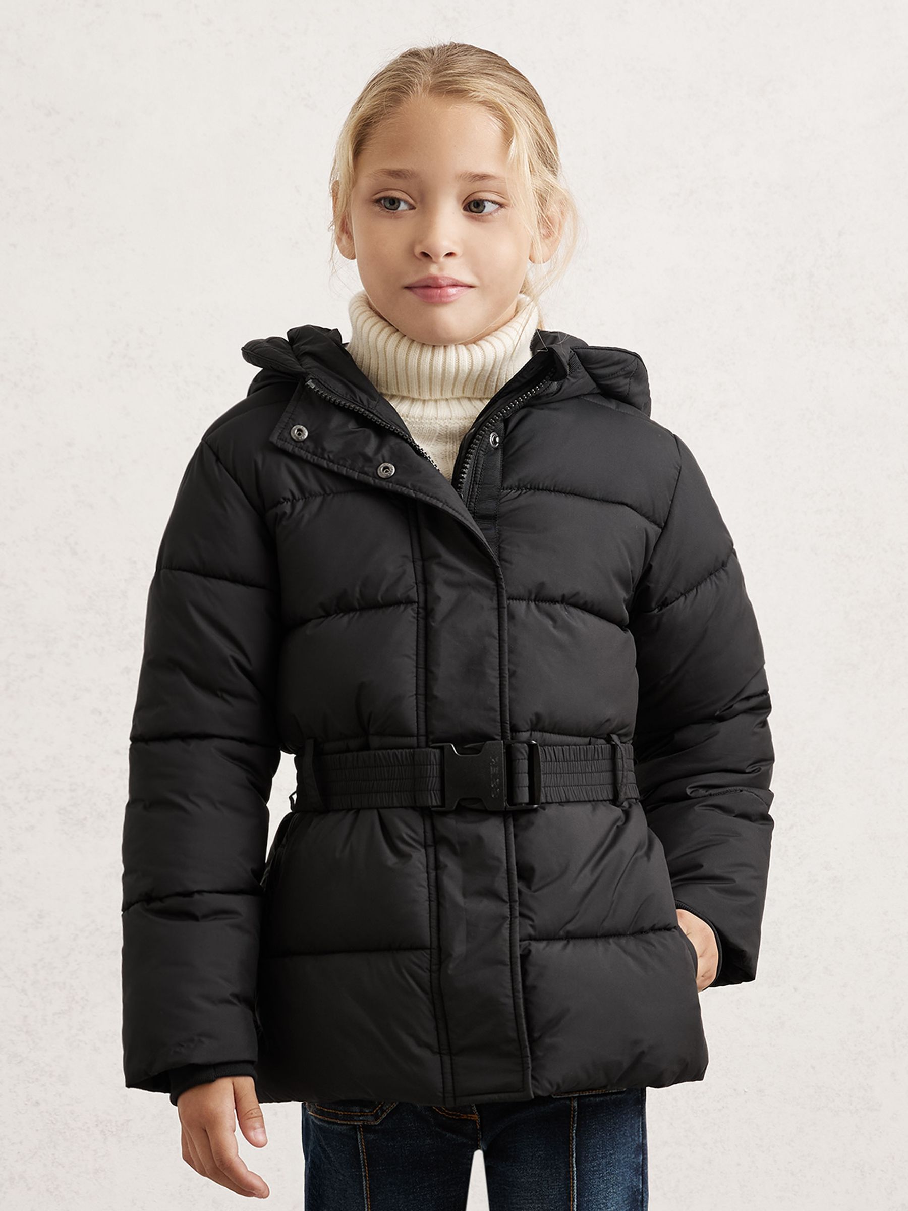 Short Belted Puffer Coat in Black