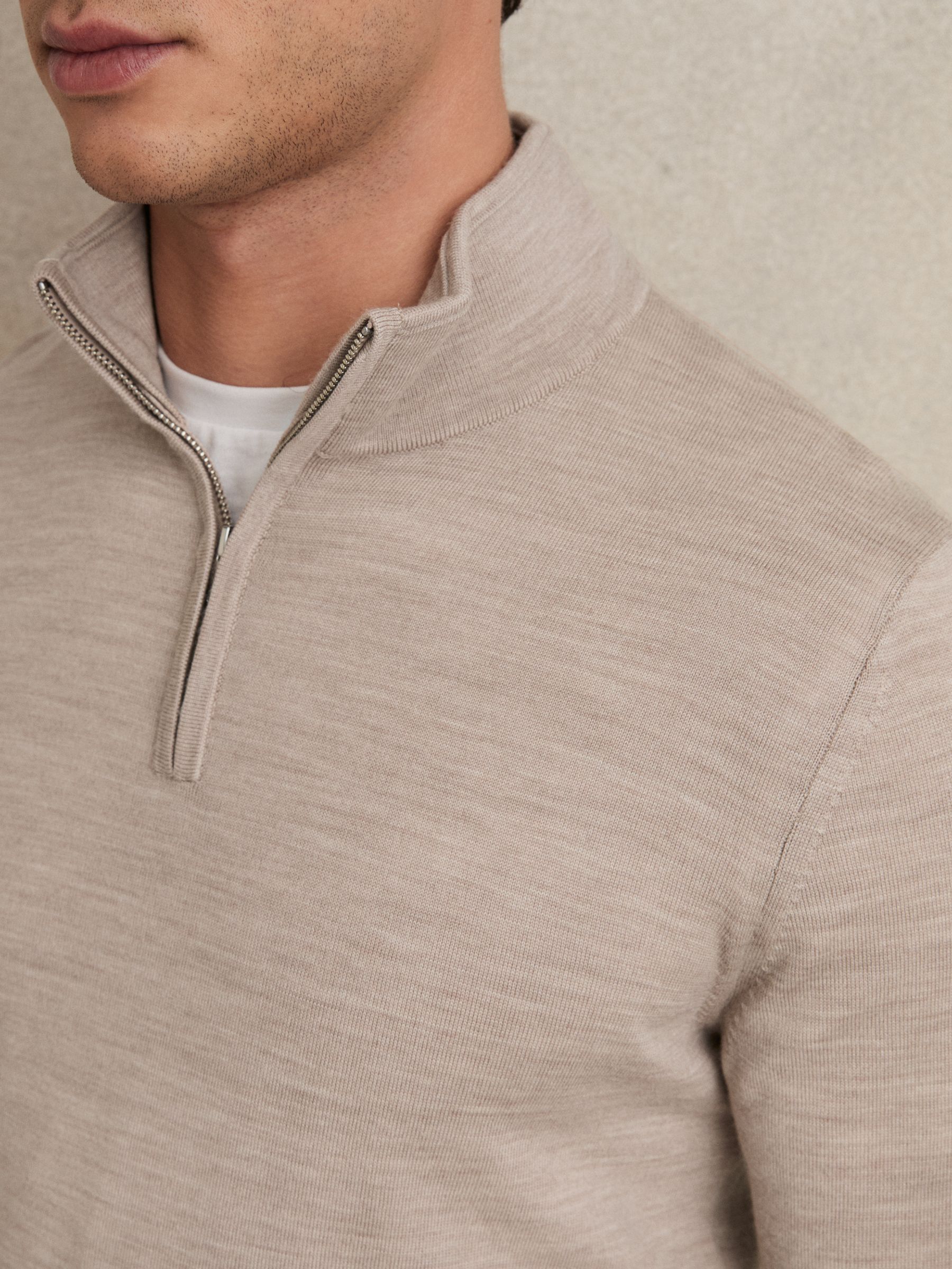 Merino Wool Half-Zip Funnel Neck Jumper in Wheat Melange