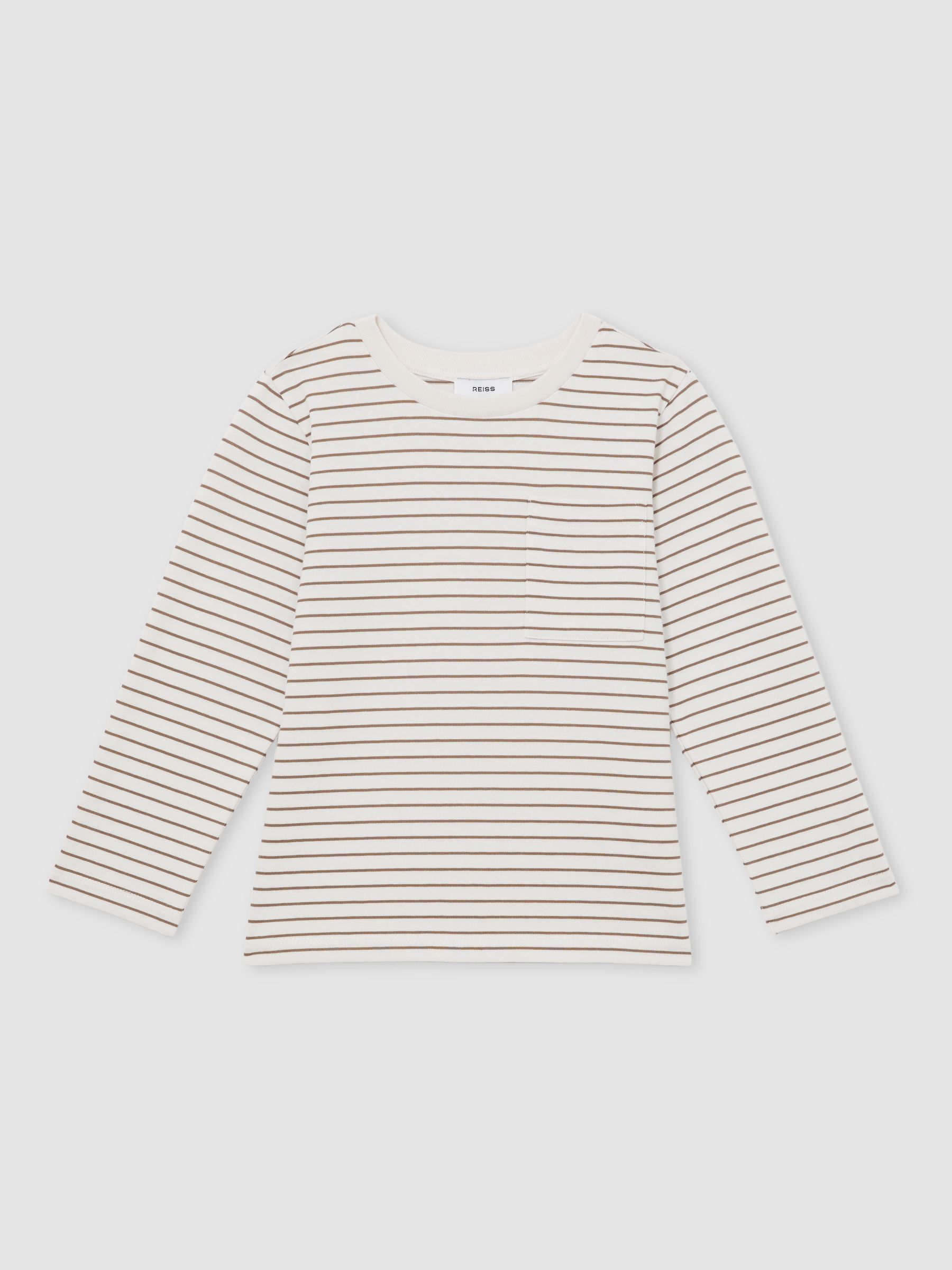 13-14 yrs Stretch-Cotton Stripe T-Shirt in Off White/Camel