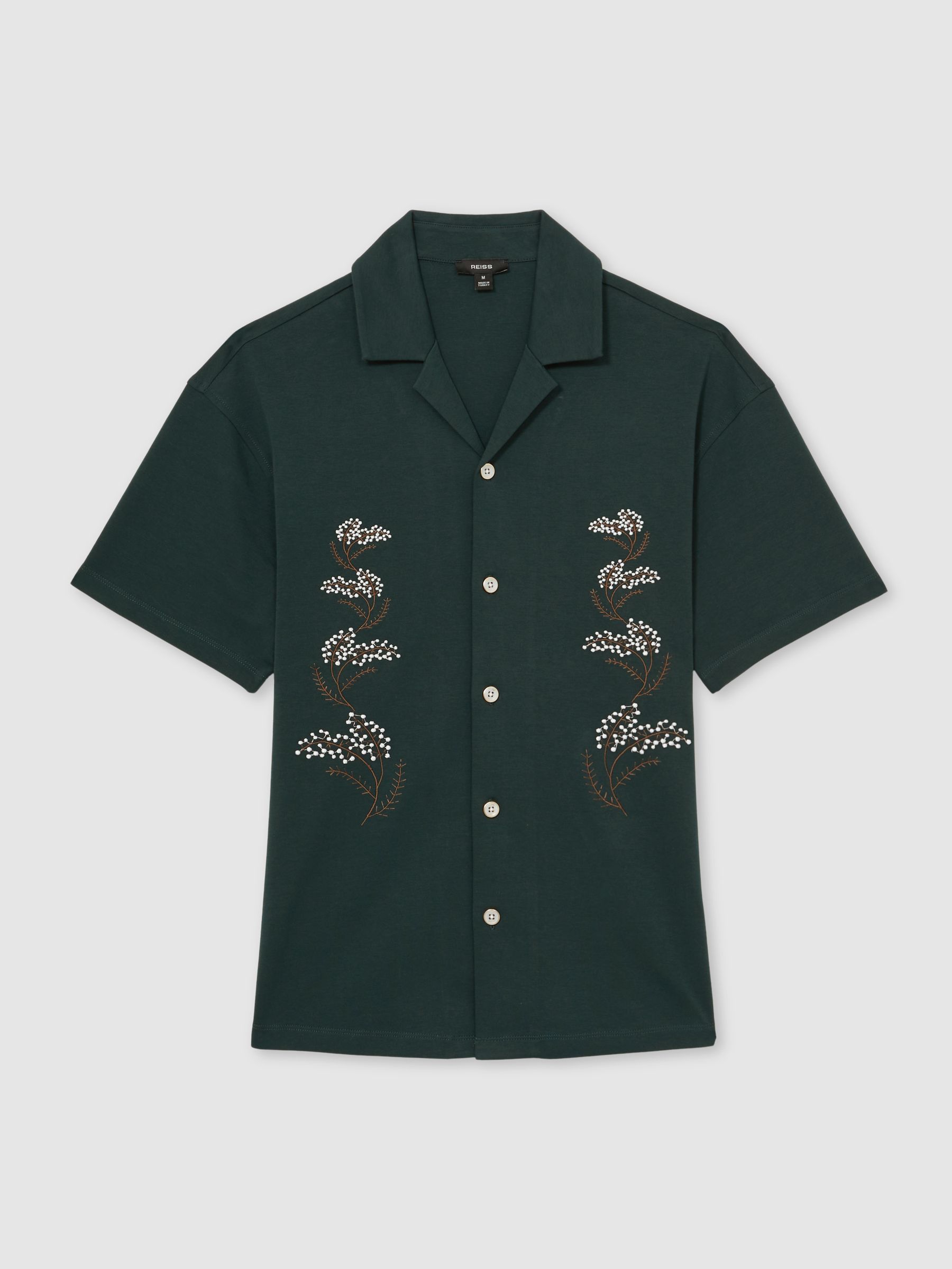 Cotton Floral Embroidered Shirt in Dark Green