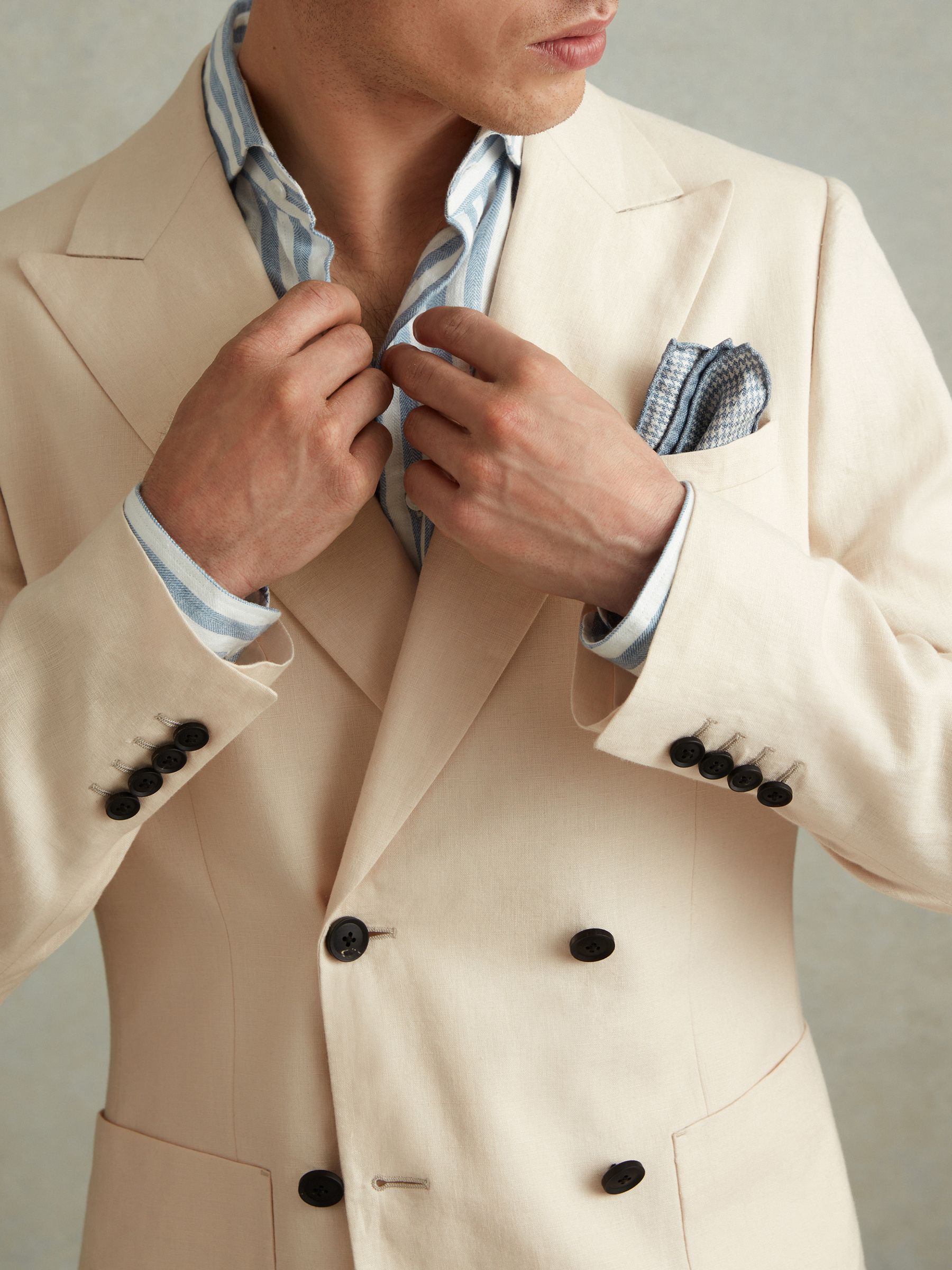 Double Breasted 100% Linen Slim Fit Blazer in Stone