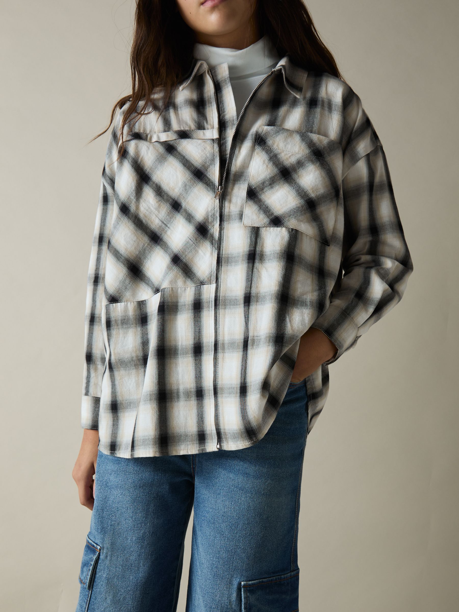 13-14 yrs Cotton Oversized Check Shirt in Grey