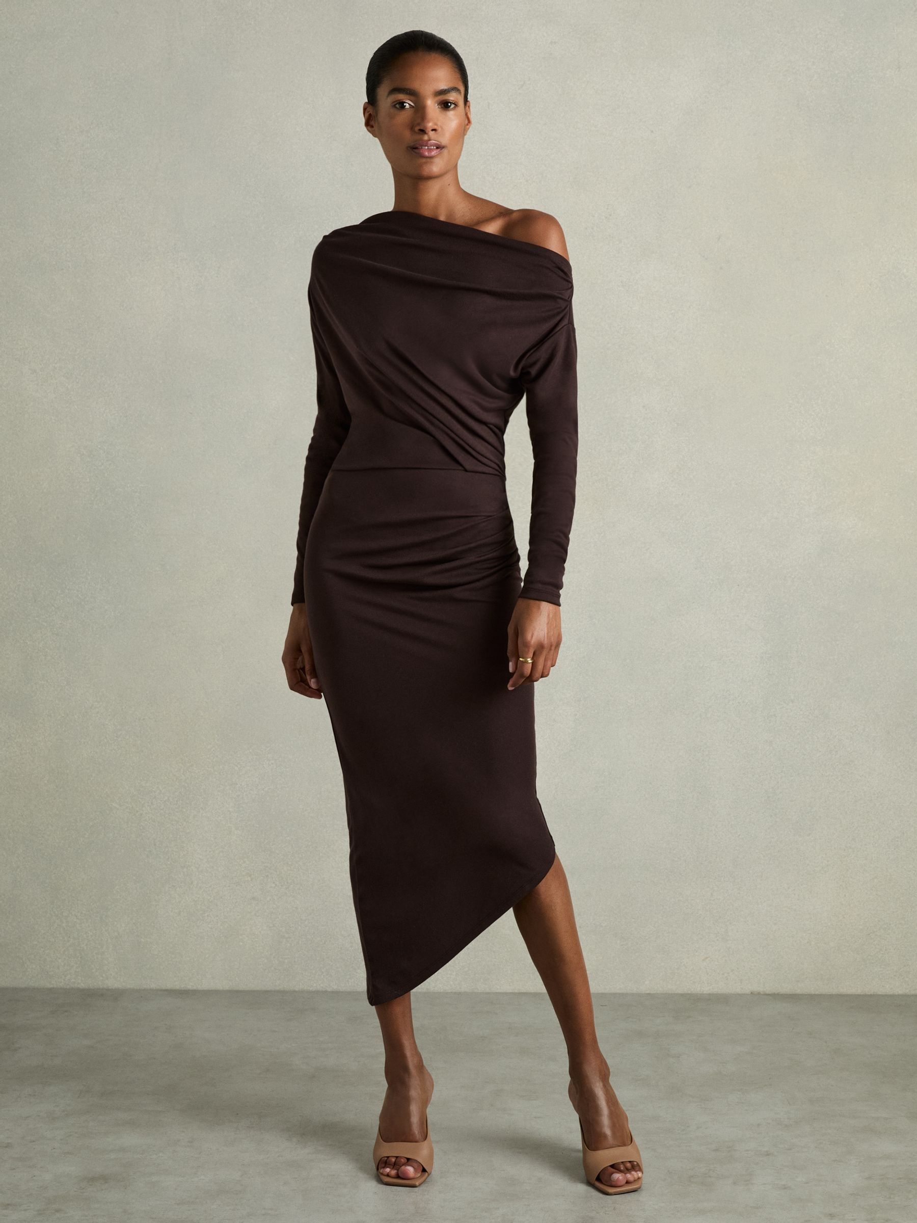 Off-The-Shoulder Ruched Jersey Midi Dress in Brown