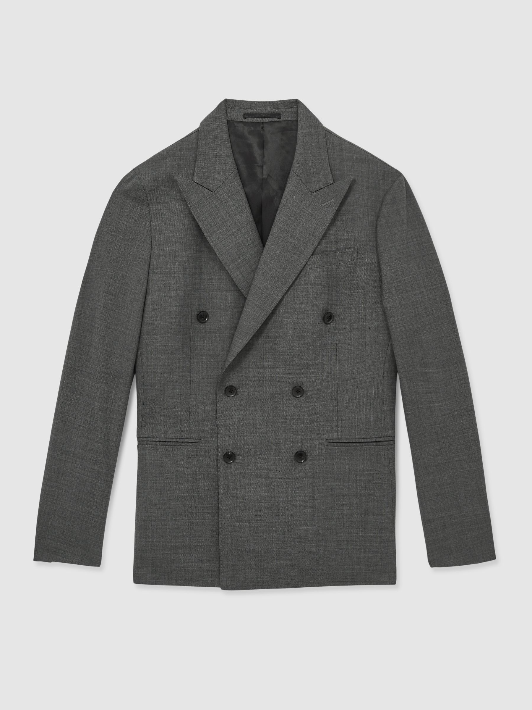 Regular-Fit Double-Breasted Sharkskin Wool-Blend Suit Blazer in Charcoal Grey