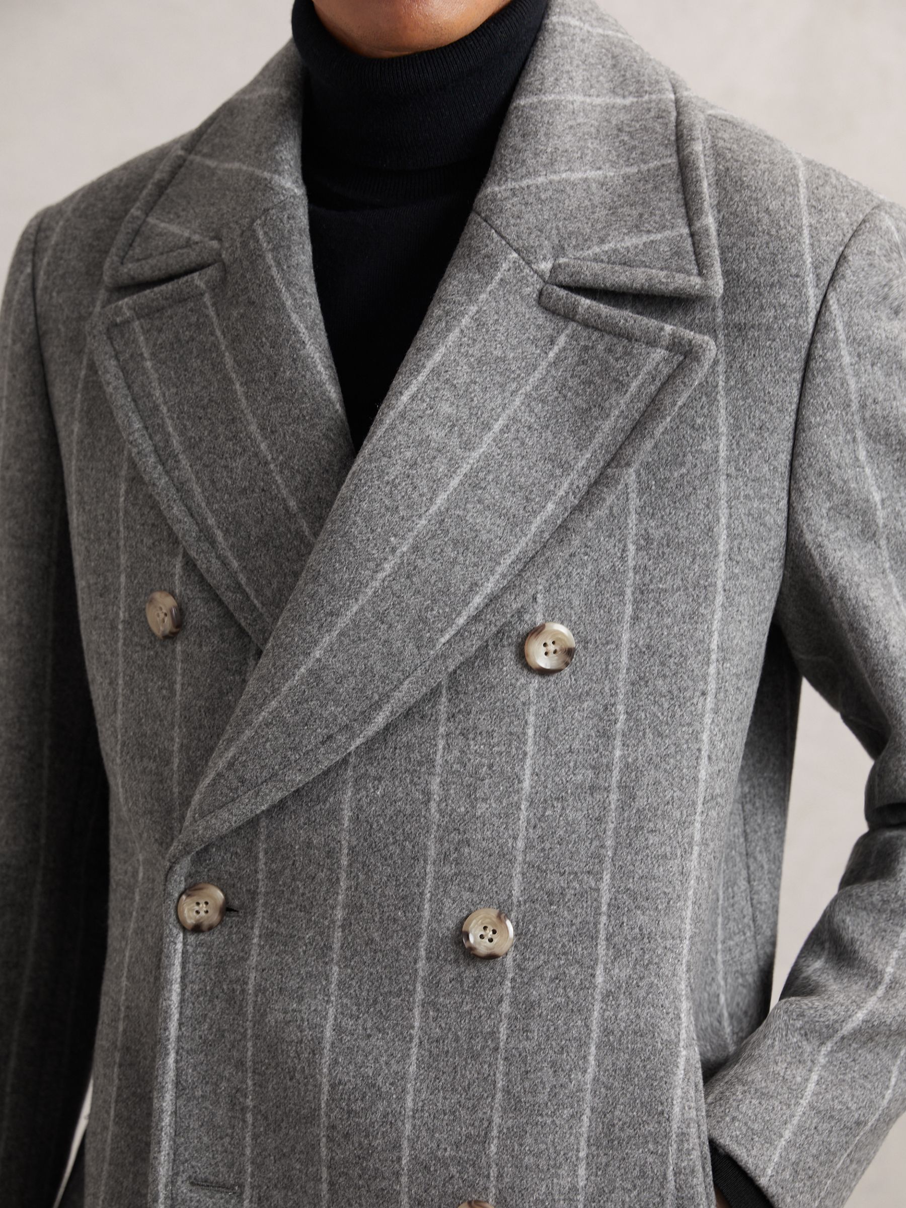 Wool-Blend Chalk-Stripe Pea Coat in Grey