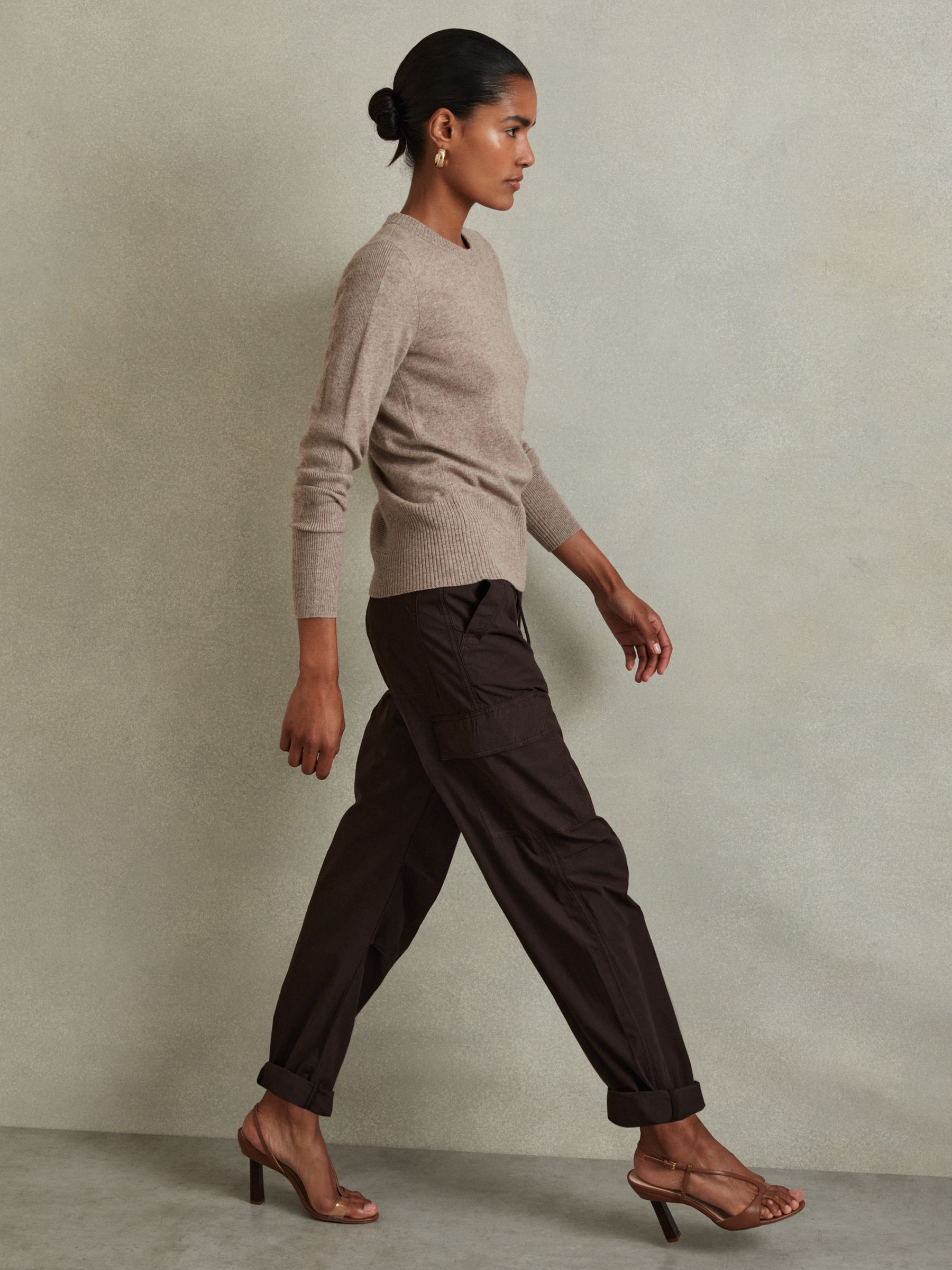 Tapered Drawstring Cotton Combat Trousers in Chocolate