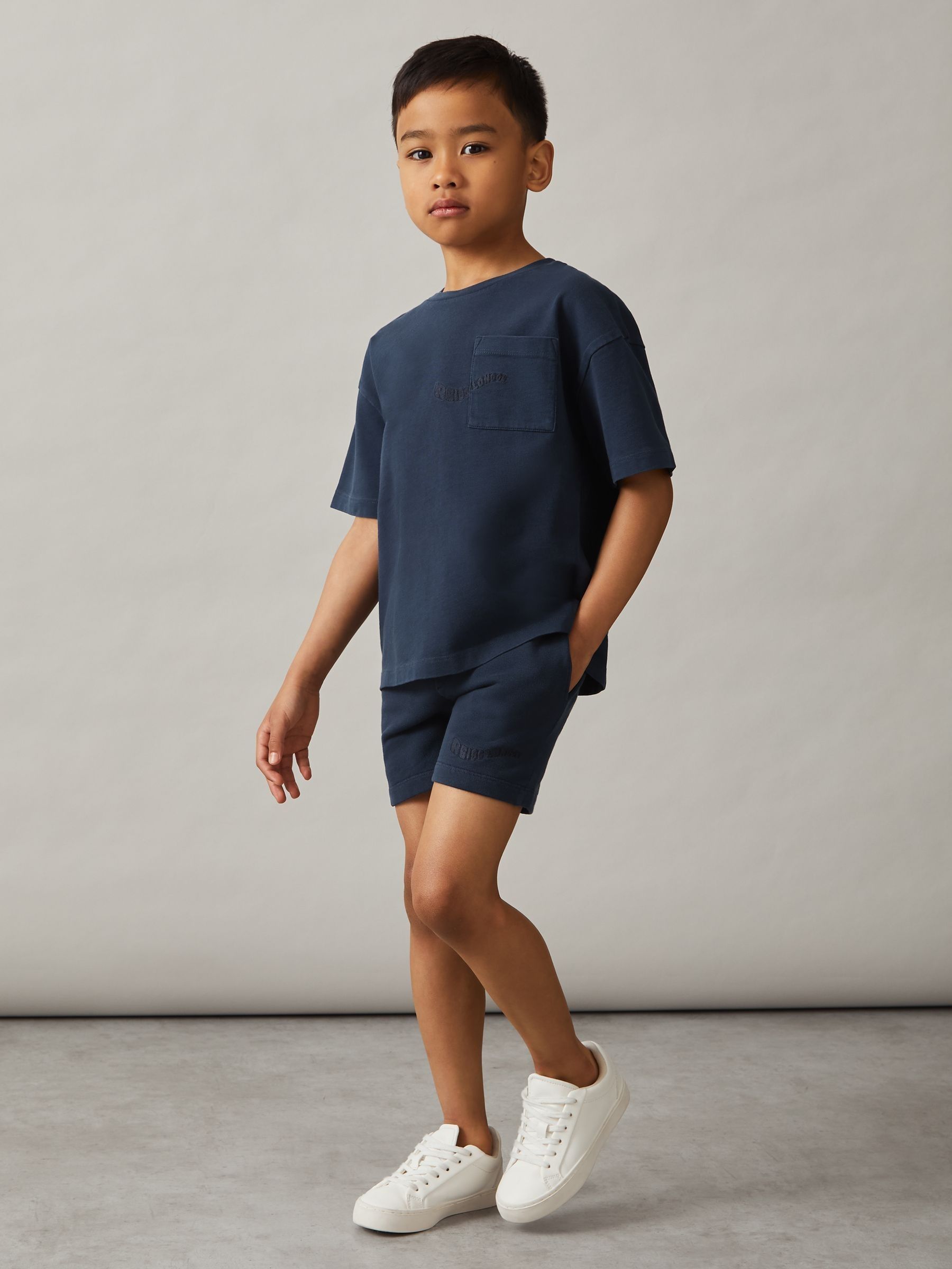9-13 yrs Cotton Brand-Embroidered Shorts in Washed Navy