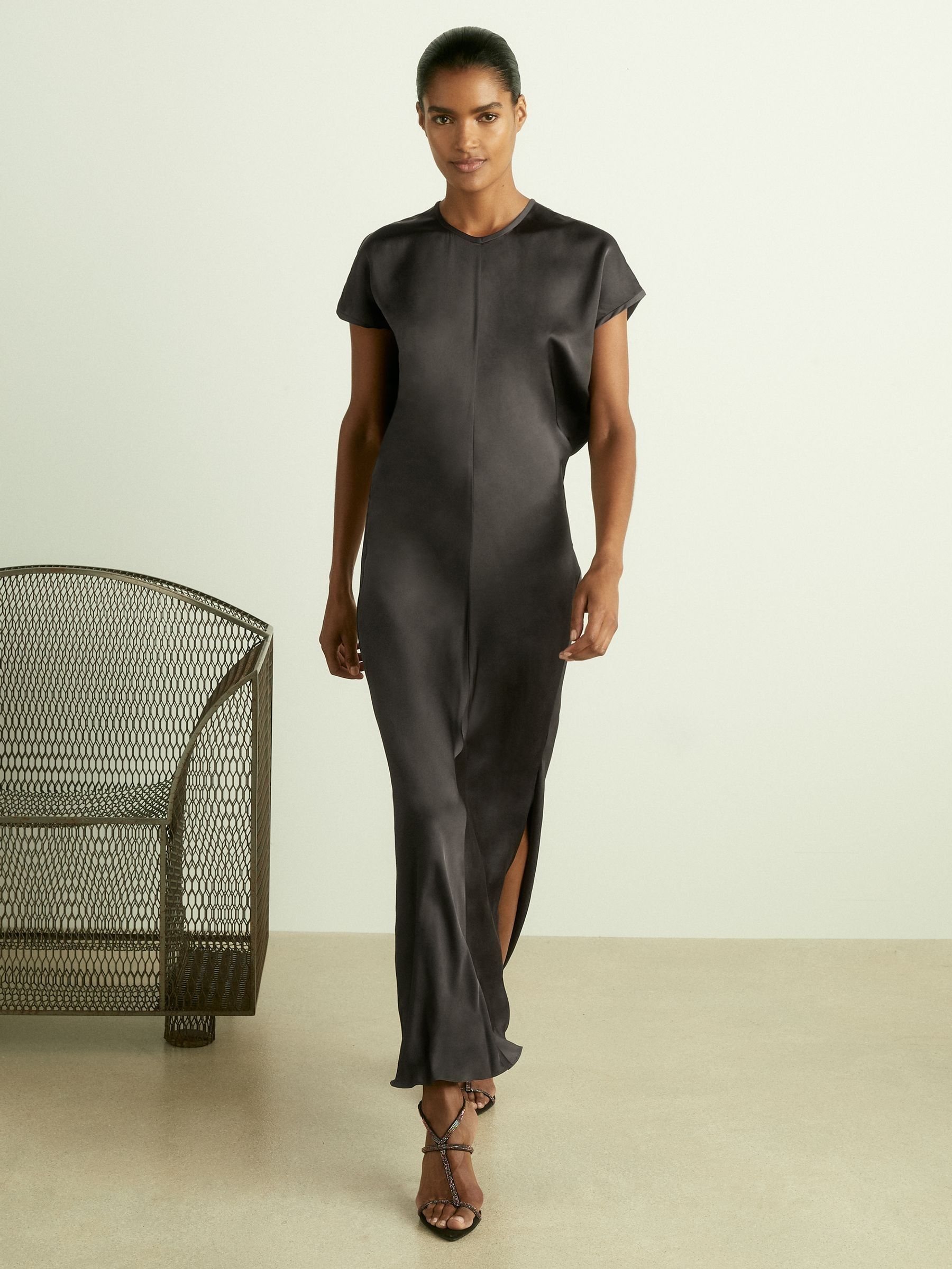 Satin Short-Sleeve Midi Dress in Charcoal